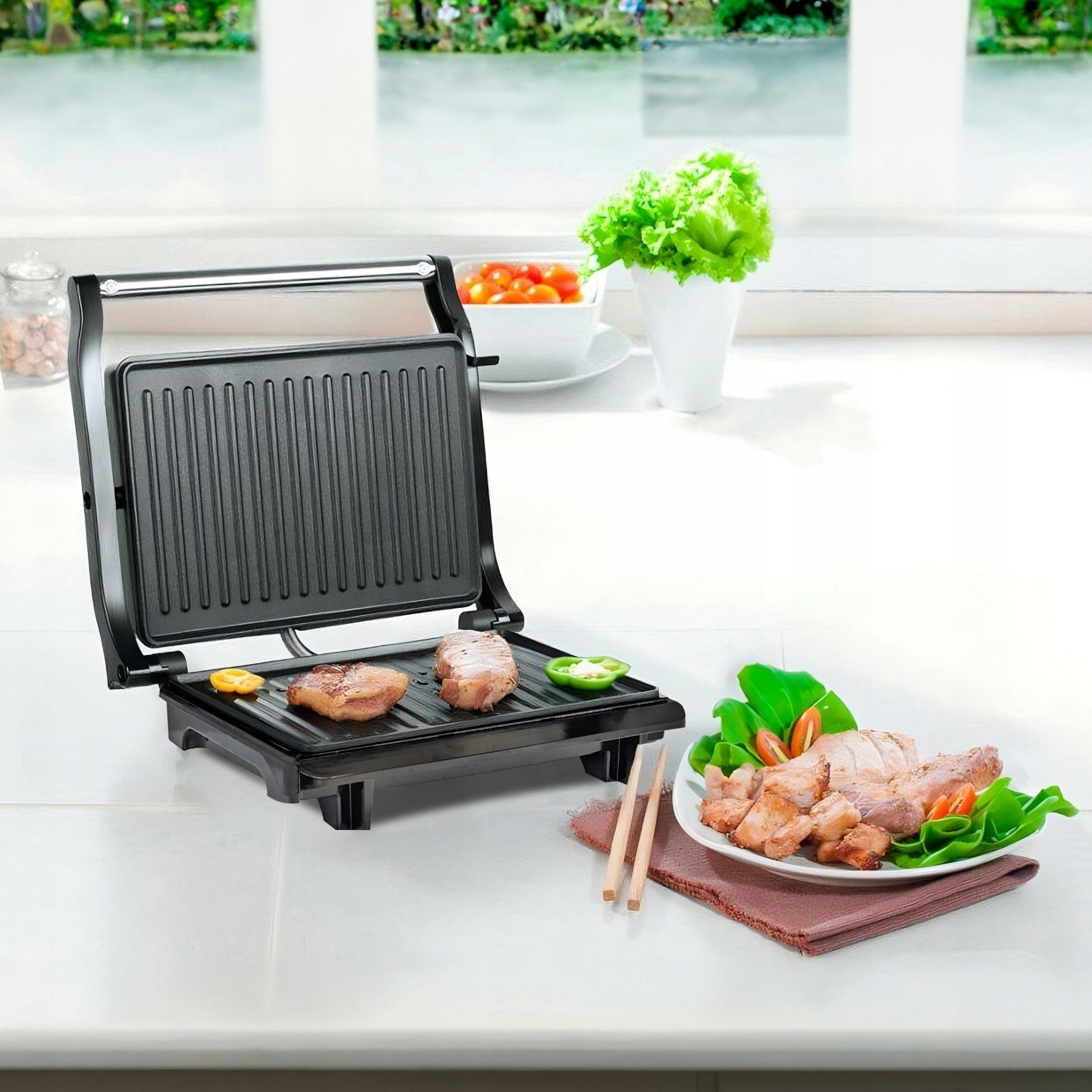 CONTACT GRILL ELECTRIC TOASTER FOLDING TOASTER PANINI SANDWICHES 750W Temperature control no