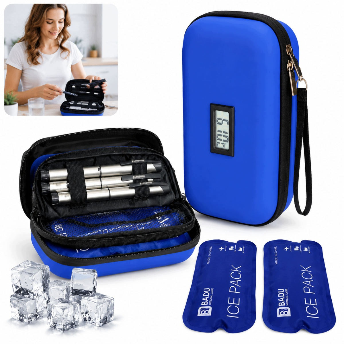 COOLING TRAVEL INSULIN CASE WITH SCREEN AND TWO REUSABLE CARTRIDGES