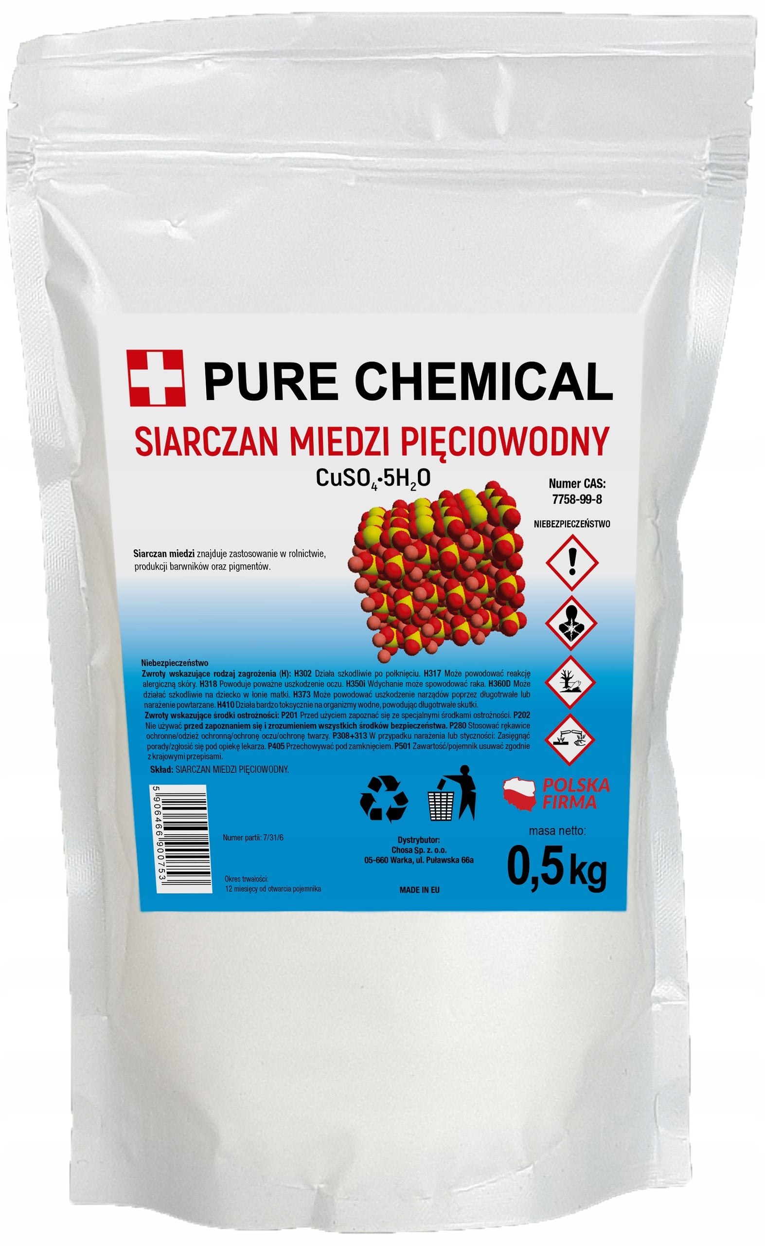 COPPER SULFATE PENTAHYDRATE CUSO4 FOR CRYSTALS PURE WITHOUT ADDITIVES 0,5kg Form powder