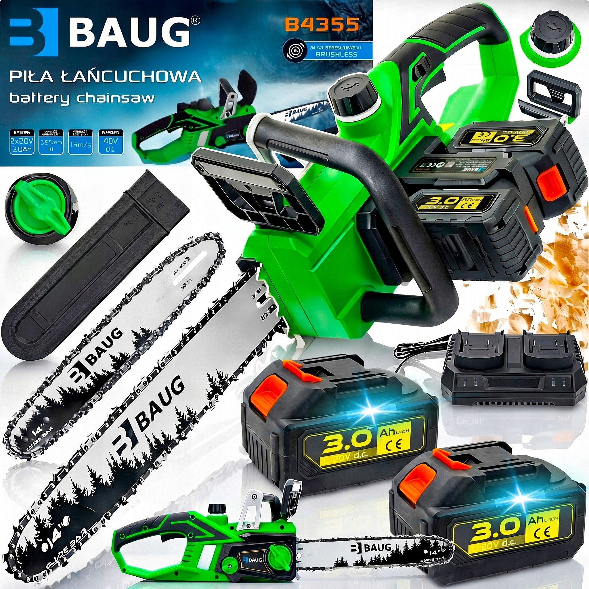 CORDLESS CHAINSAW 2x BATTERIES 3.0 AH + CHARGER GUIDE 14"