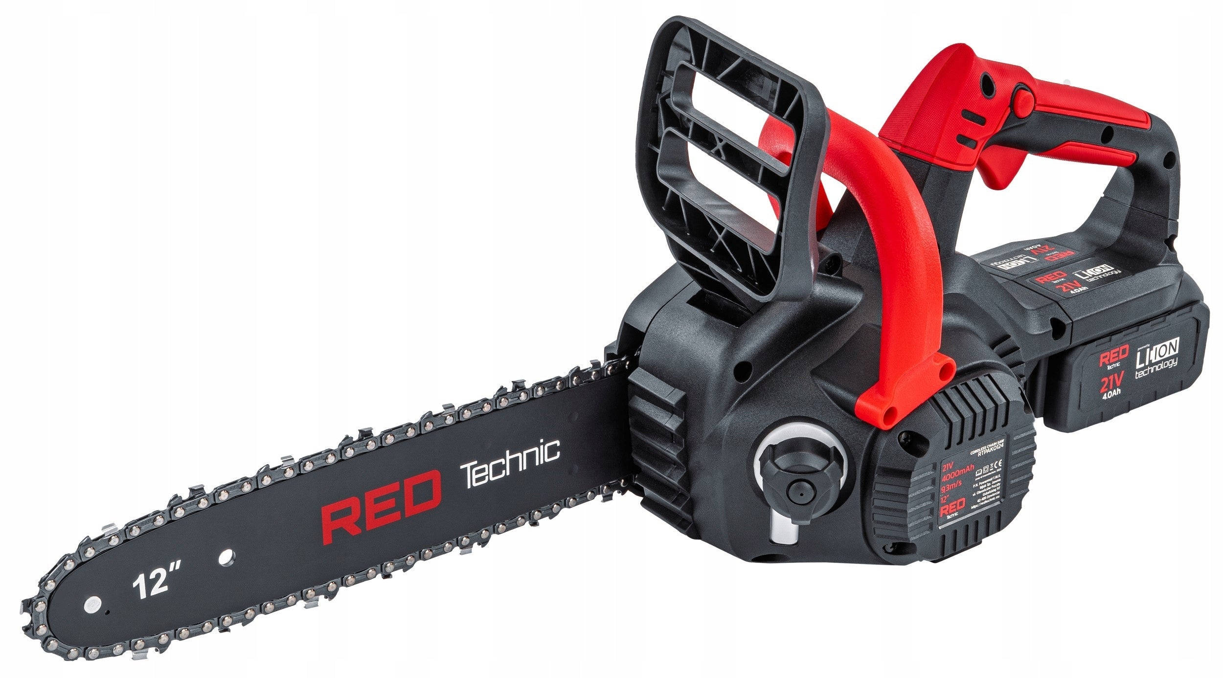 CORDLESS CHAINSAW BRANCH SAW 2x AKU 4AH + 2x CHAIN Set contents 2x akumulator 2x łańcuch ładowarka lejek do nalewania oleju osłona łańcucha