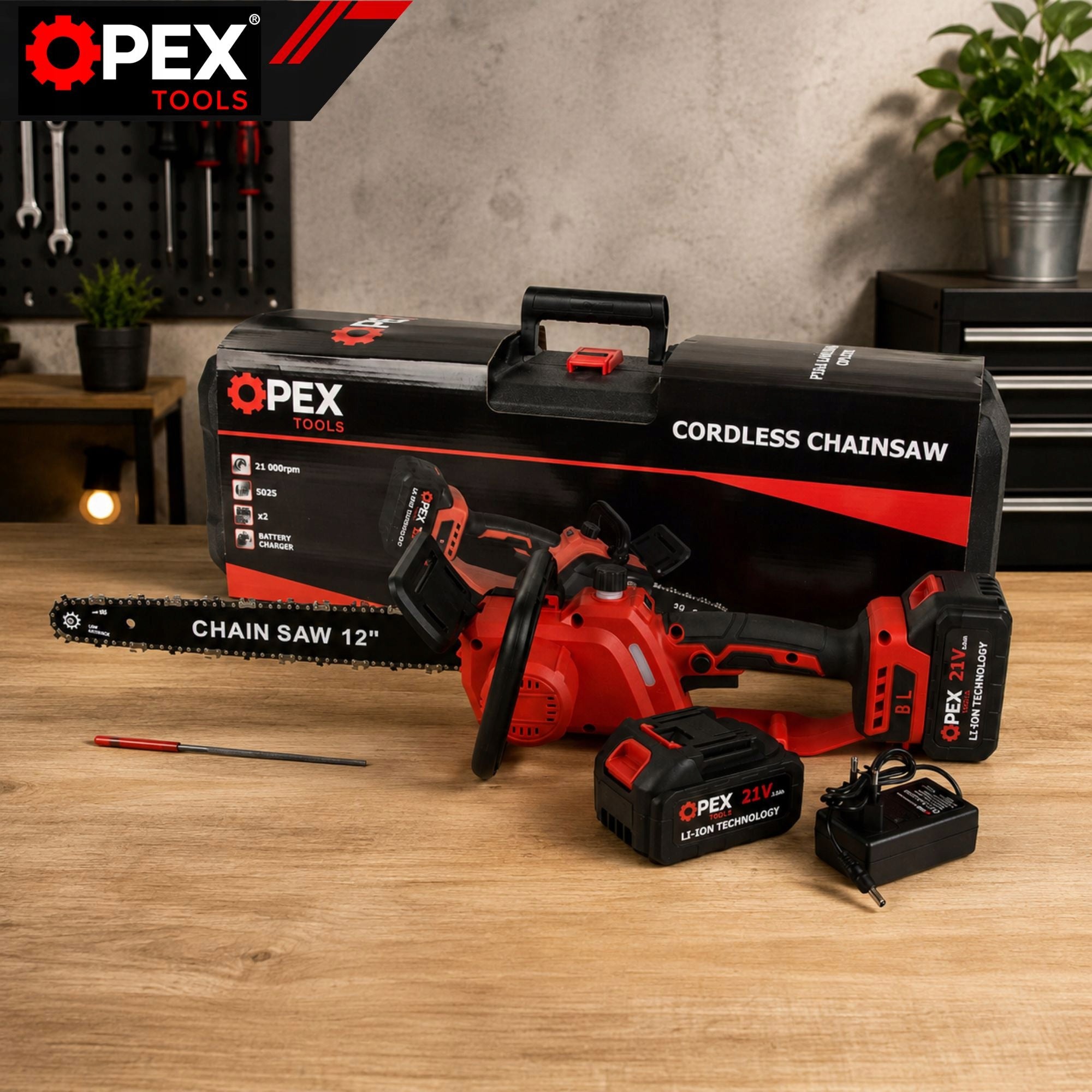 CORDLESS CHAINSAW ELECTRIC SAW 12" 2x 21V 3Ah SUITCASE Manufacturer code 28015