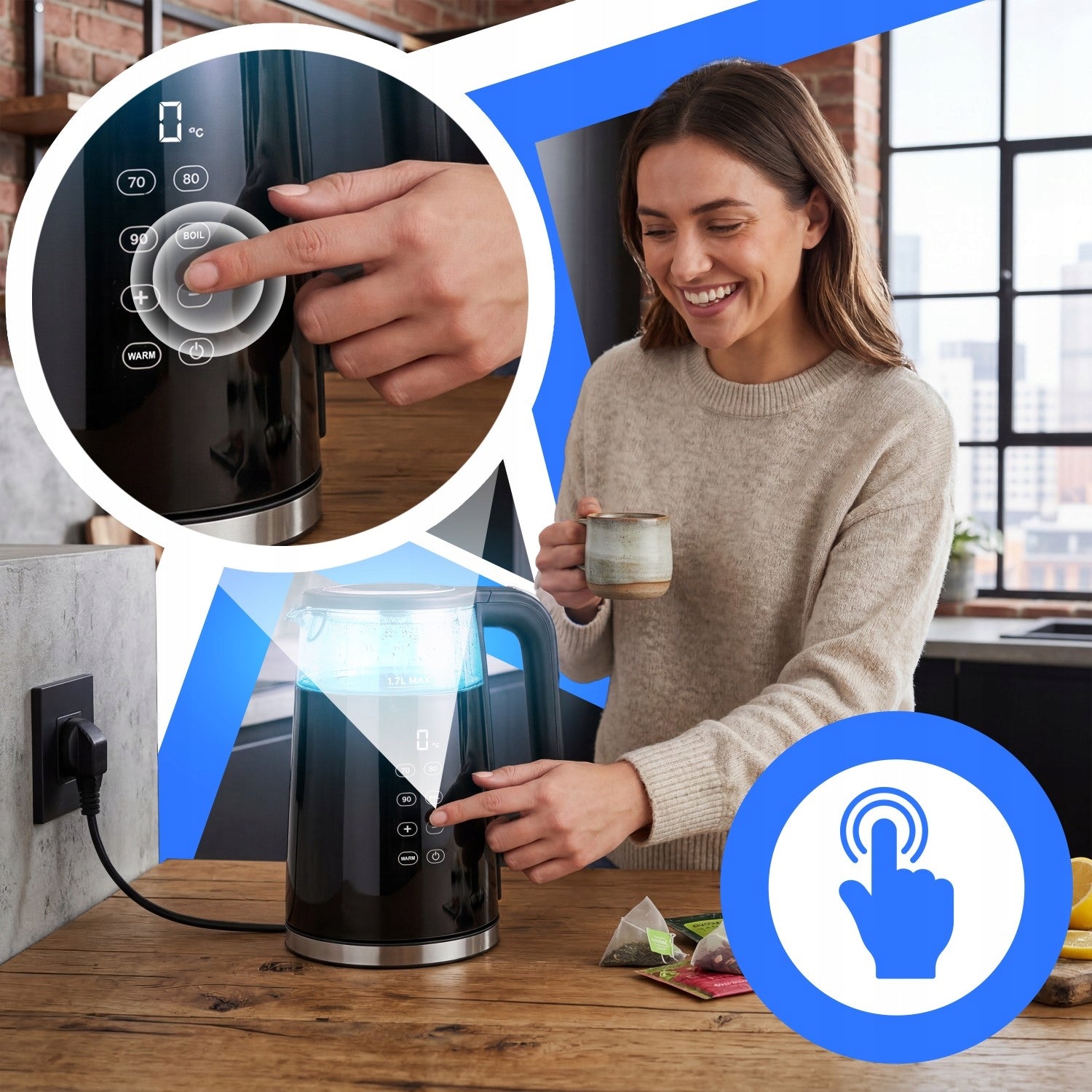 CORDLESS ELECTRIC KETTLE 1,7L 2200W GLASS TEMPERATURE CONTROL Brand RETOO