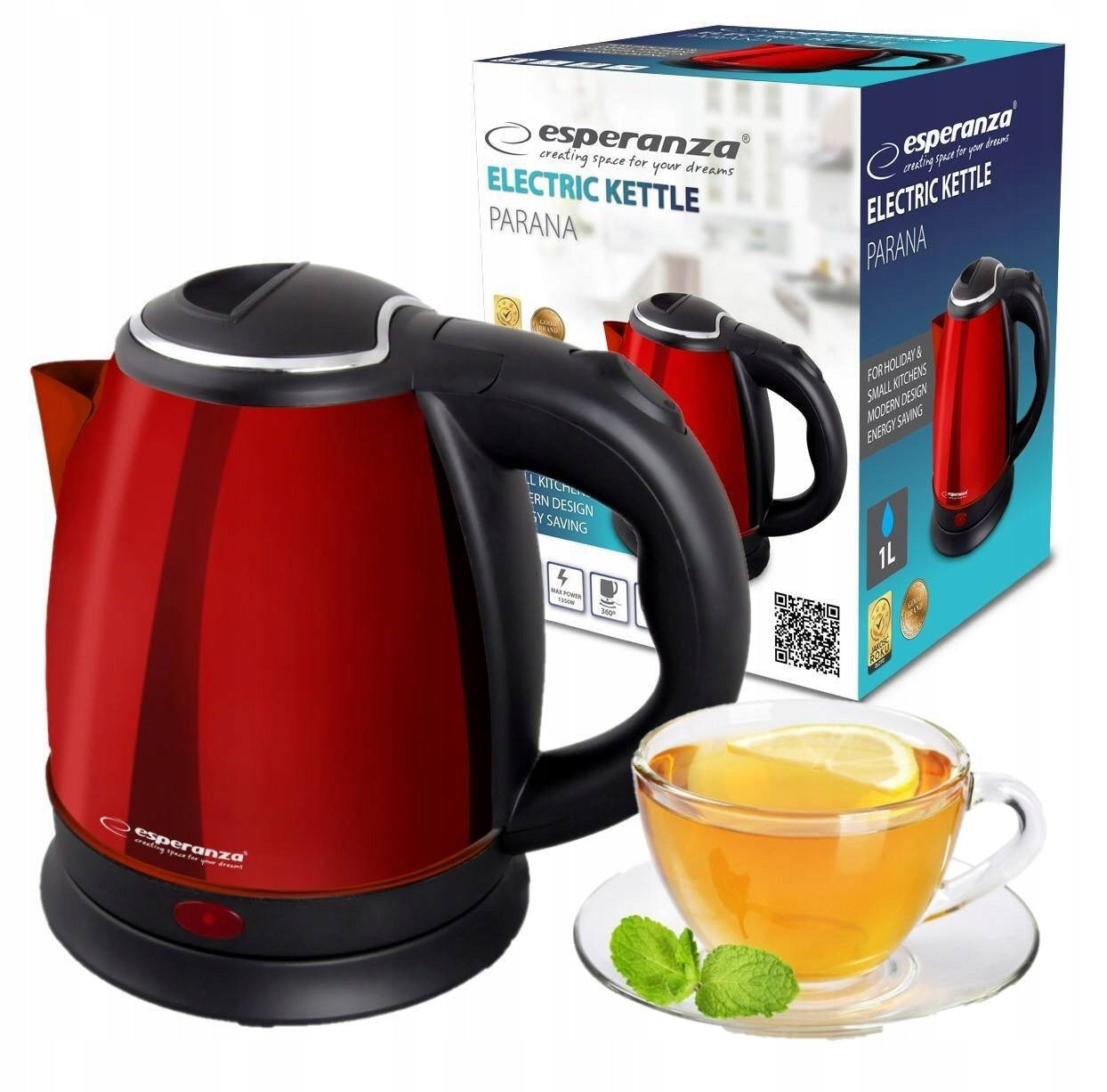 CORDLESS ELECTRIC KETTLE SMALL 1L 1350W STEEL ESPERANZA RED