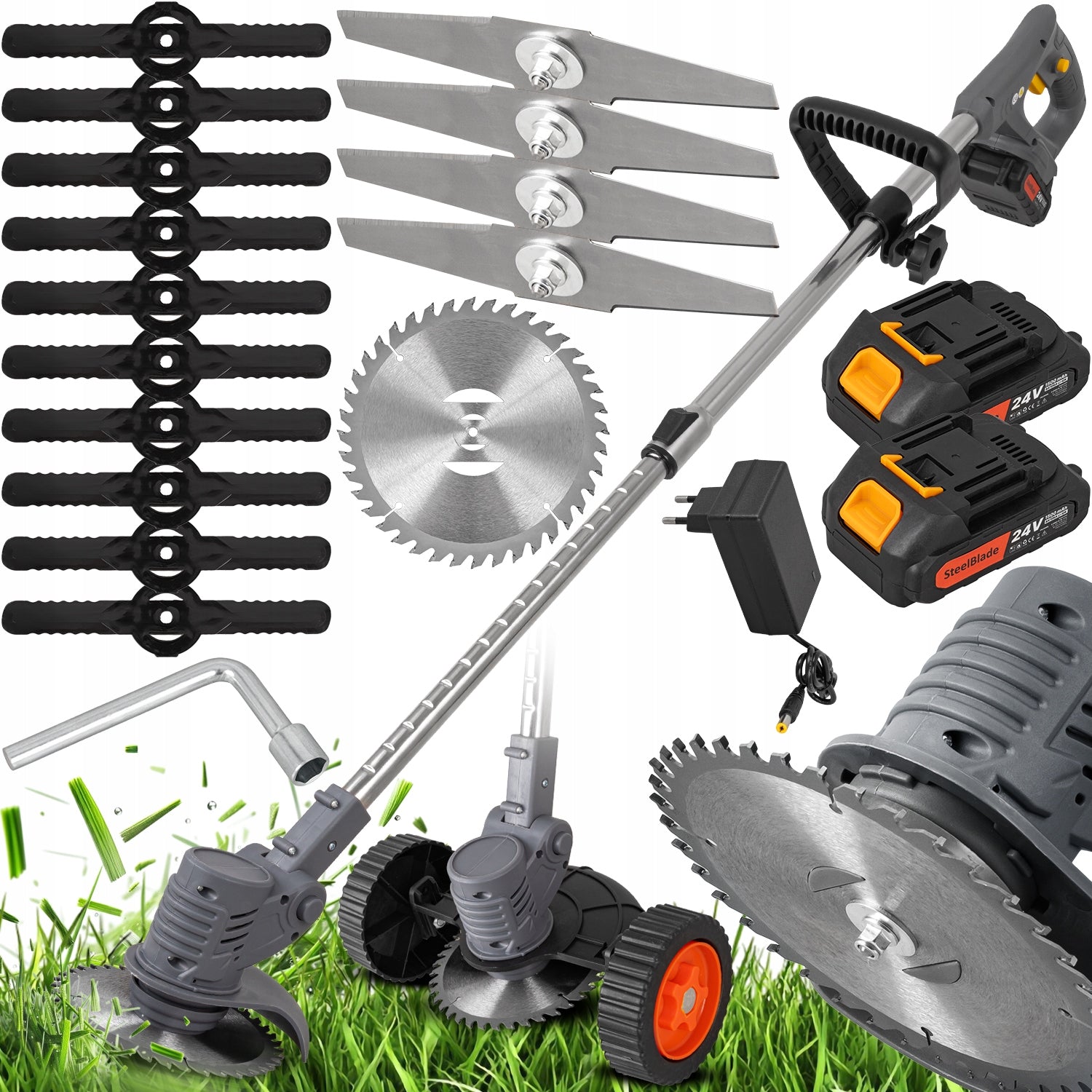 CORDLESS GRASS TRIMMER GARDEN ELECTRIC SCYTHE 2x AKU + WHEELS