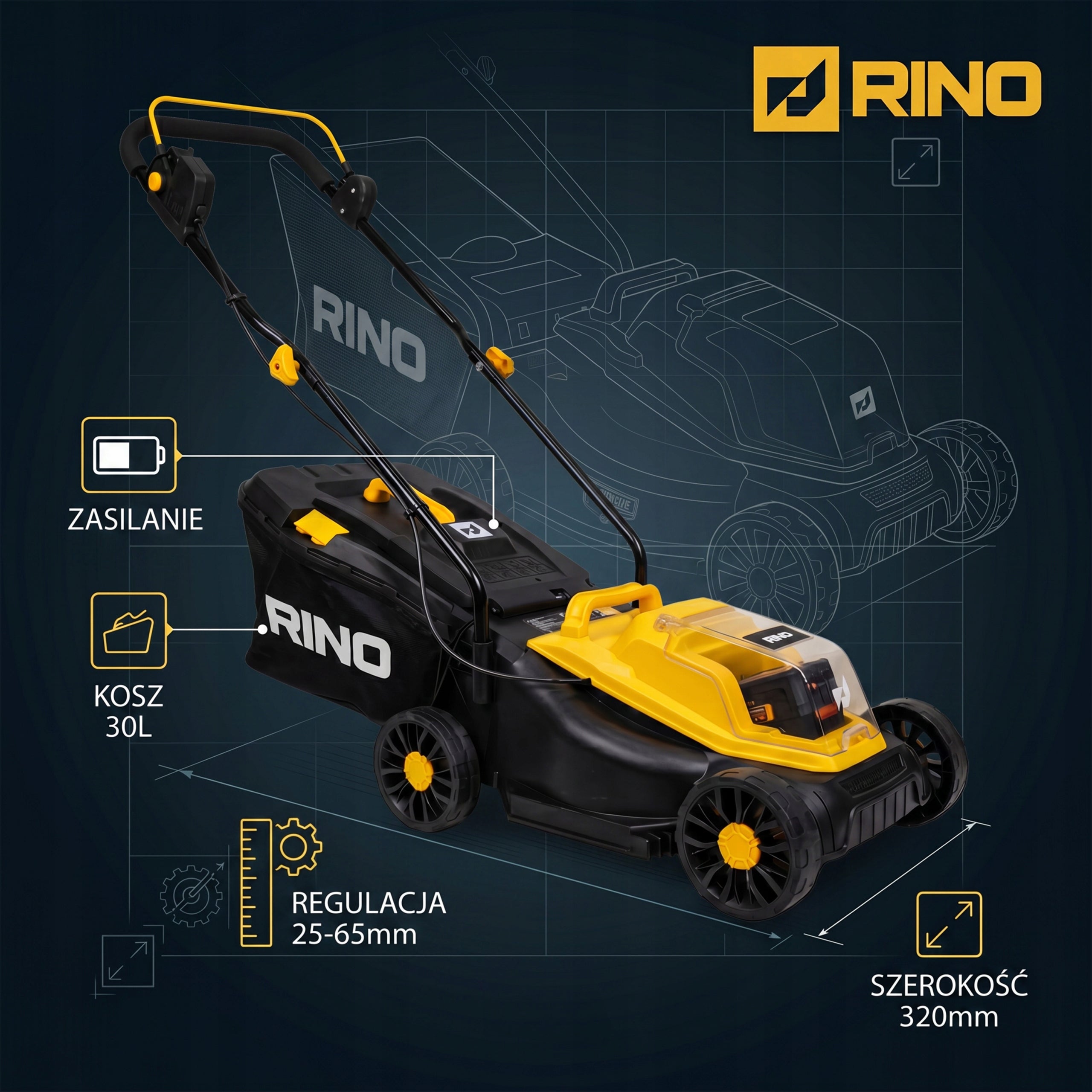 CORDLESS LAWN MOWER BRUSHLESS 4AH CHARGER 32CM BASKET 30L Brand Rino