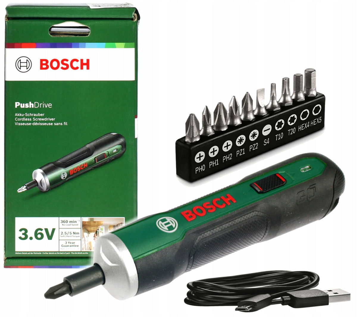 CORDLESS SCREWDRIVER 3,6V PUSHDRIVE BOSCH + 10 TIPS