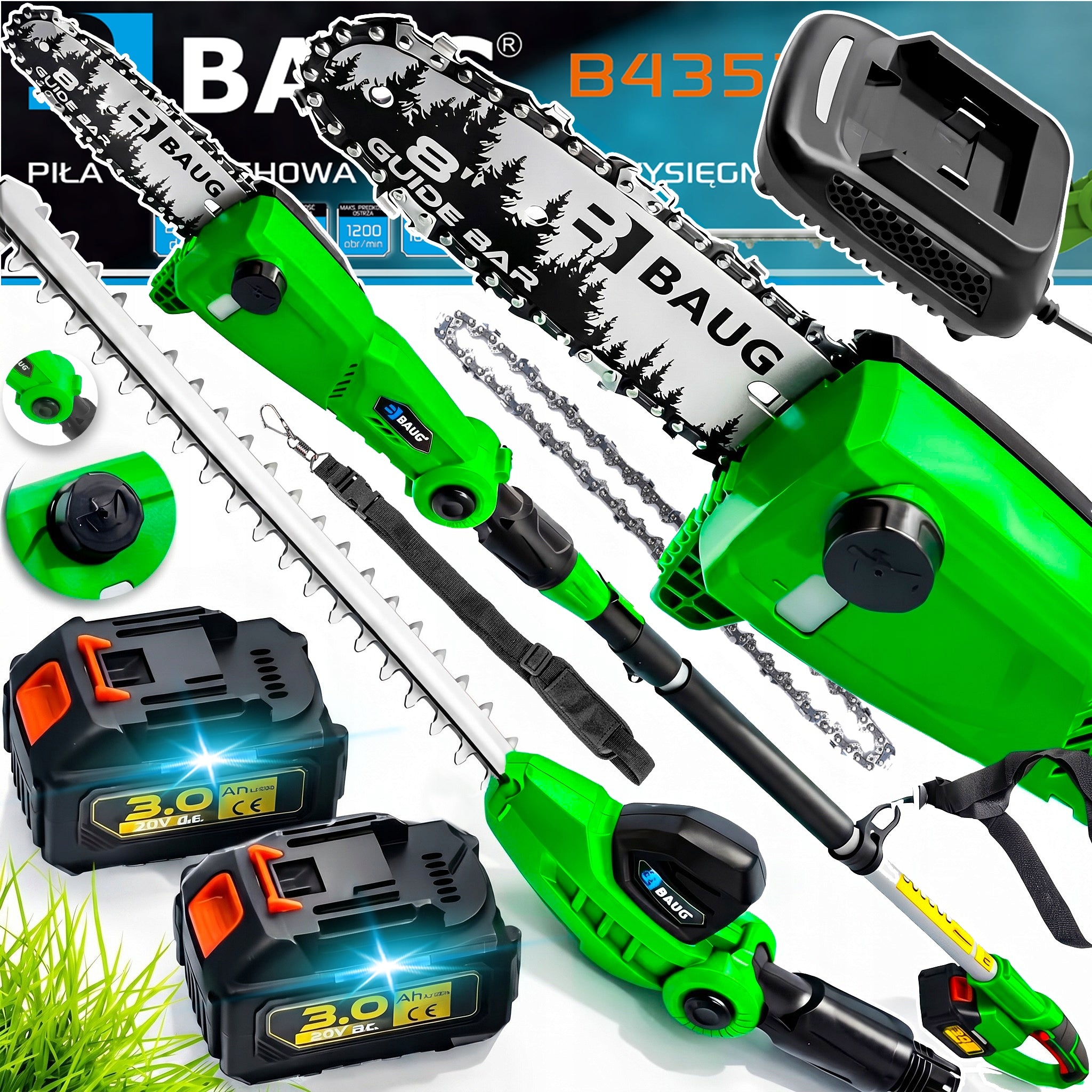 CORDLESS TELESCOPIC CHAINSAW ON BOOM HEDGE TRIMMER