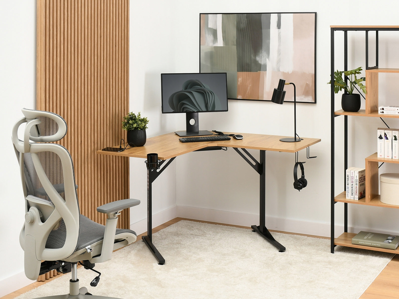 CORNER COMPUTER DESK MADS C OAK BLACK WITH SOCKET 220 USB ORGANIZER EAN (GTIN) 5907698689379