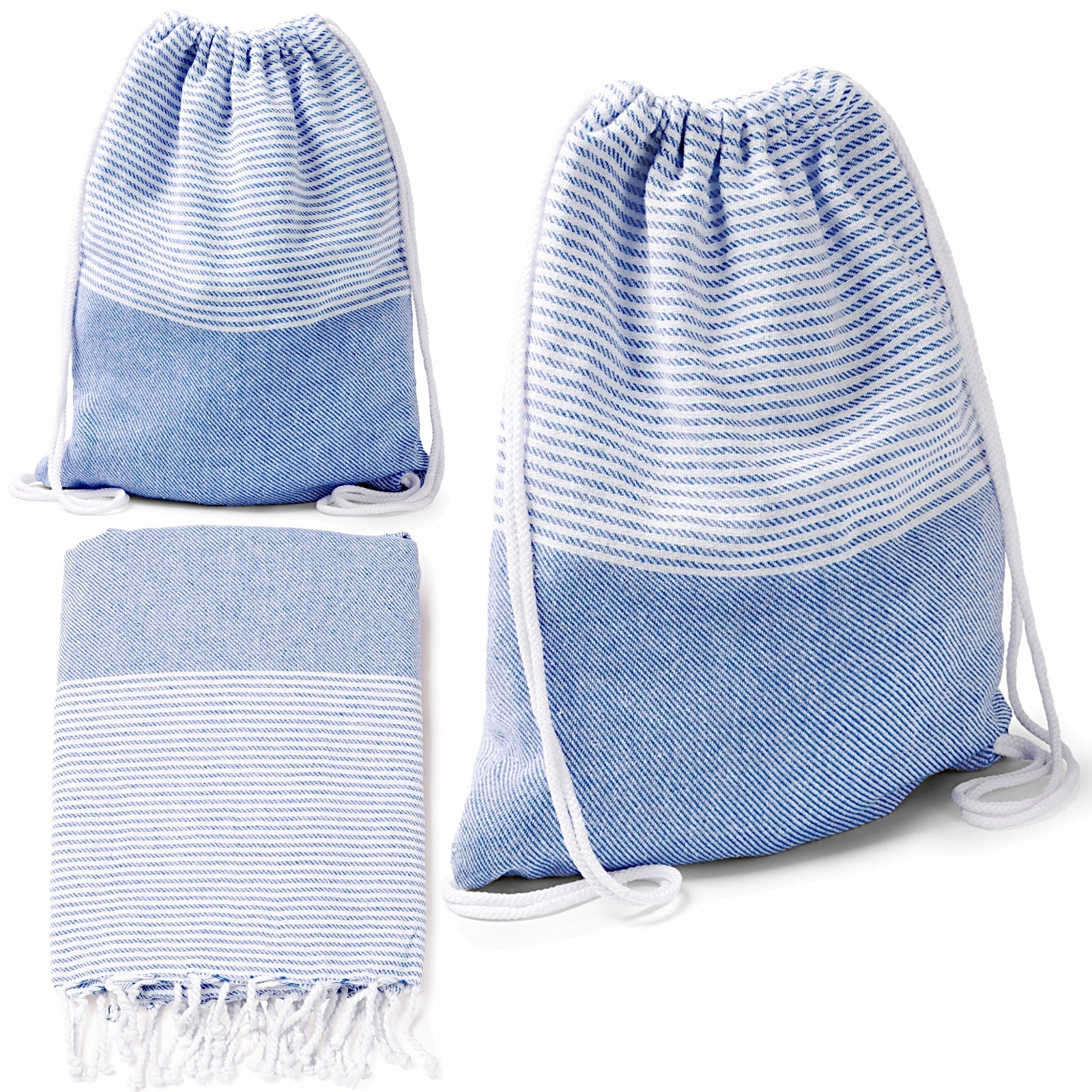 COTTON BACKPACK BAG TURN INTO BEACH PAREO 2in1 TOWEL MAT BLUE