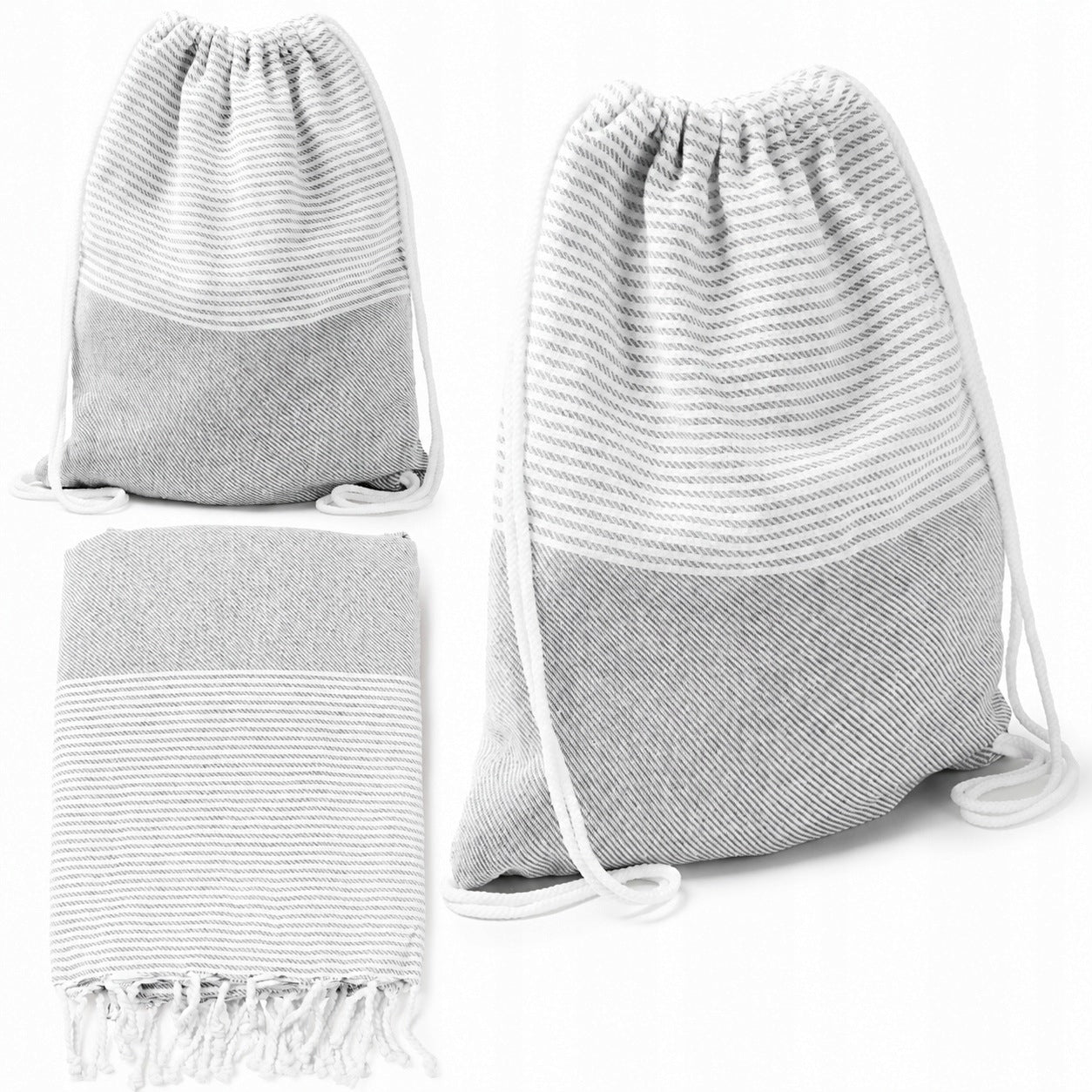 COTTON BACKPACK BAG TURN INTO BEACH PAREO 2in1 TOWEL MAT GREY