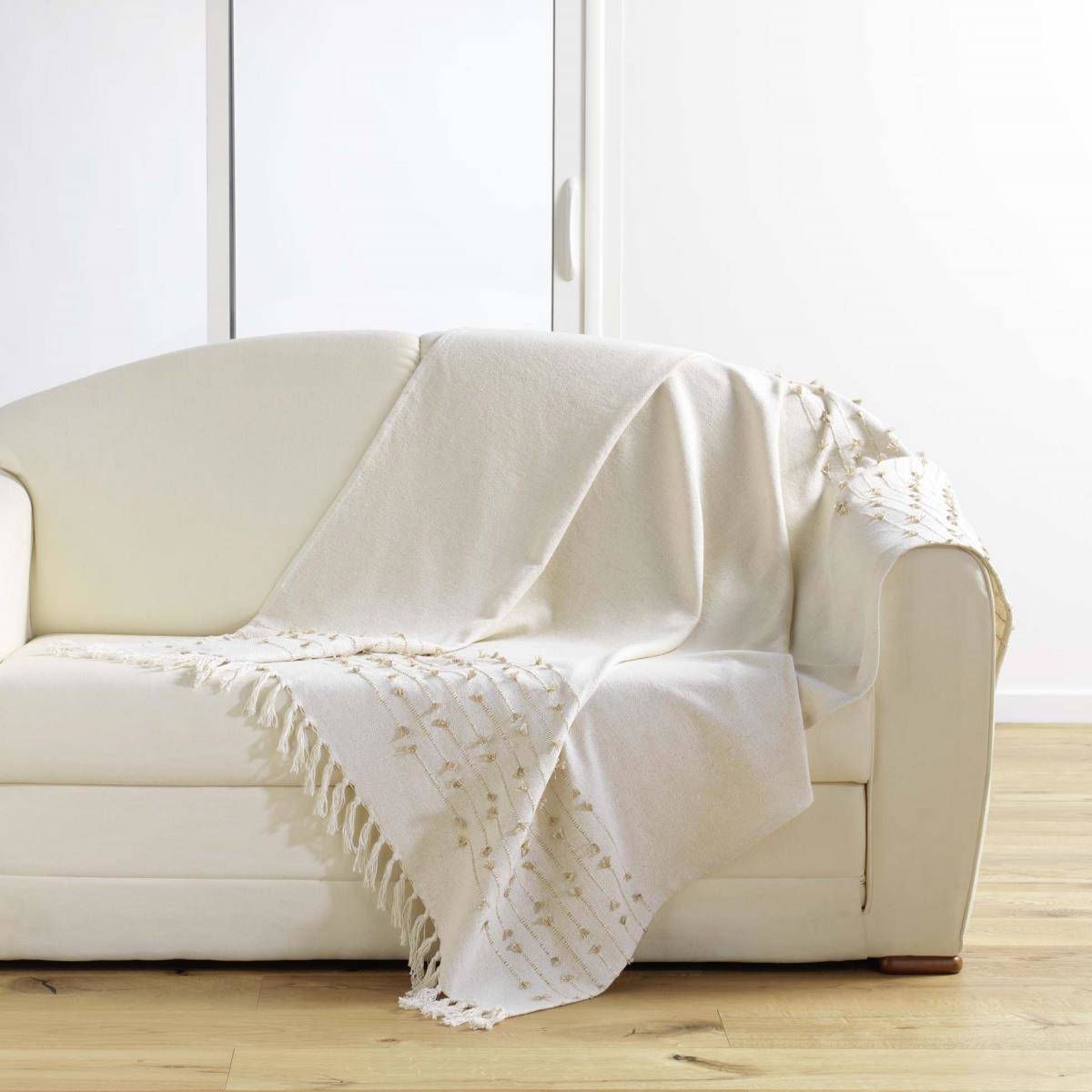 COTTON BEDSPREAD WHITE PLAID WITH FRINGES SOFT BLANKET 125X150 GOLDEN SUNSET Length 150 cm