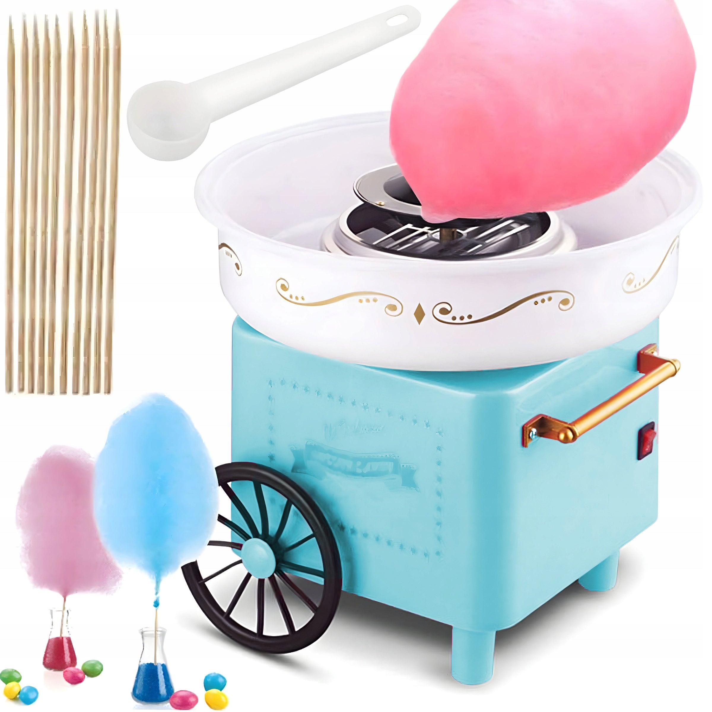 COTTON CANDY MACHINE HOMEMADE COTTON CANDY MACHINE TROLLEY + STICKS 550W Packaging status original