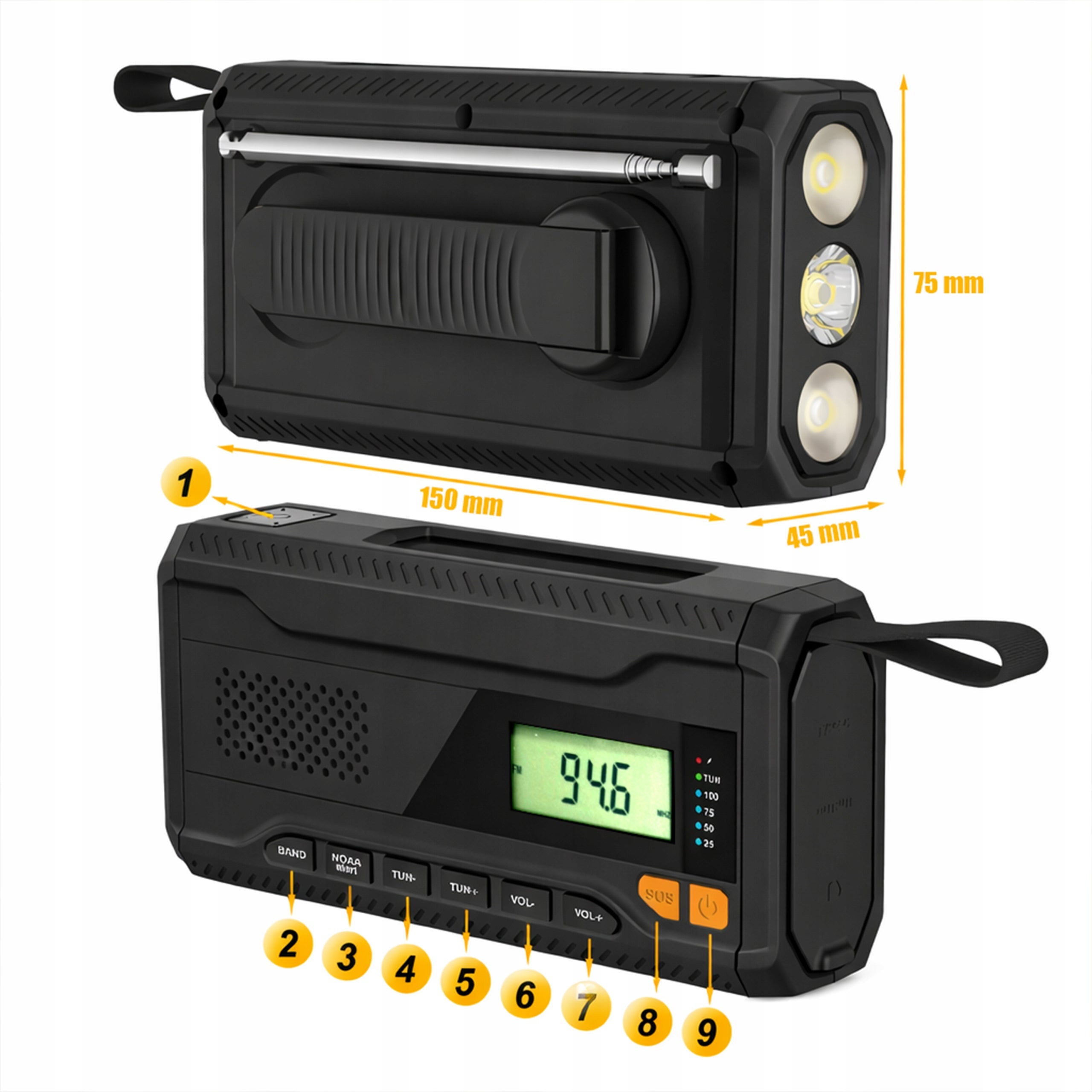 CRANK RADIO Portable Solar DYNAMO Emergency FLASHLIGHT Powerbank 4500mAh Manufacturer code WOJSKOWE TAKTYCZNE RATUNKOWE NA SURVIVAL OBÓZ