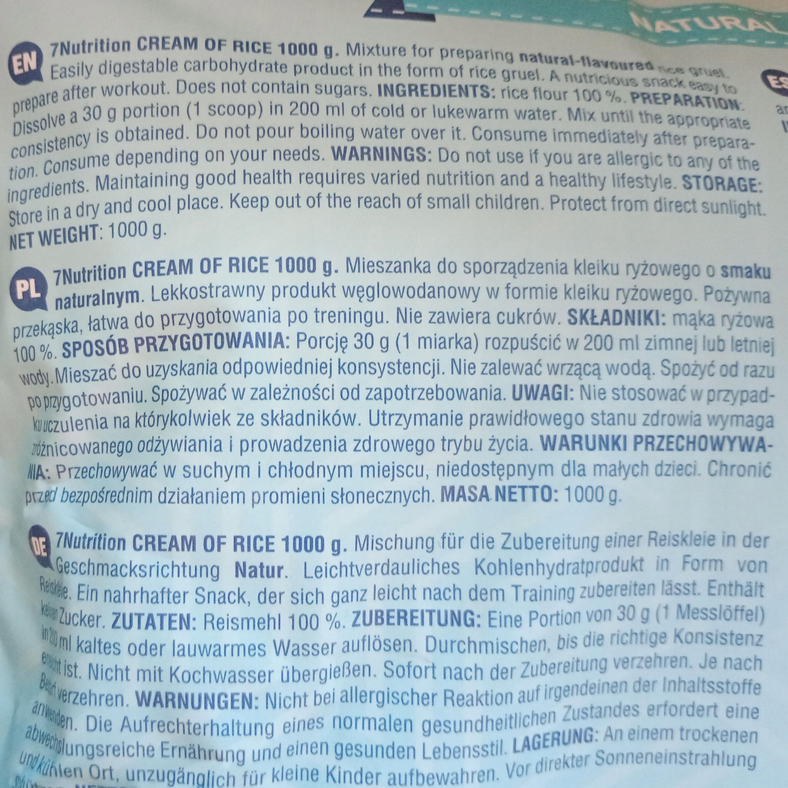 CREAM OF RICE 2kg WITHOUT SUGAR Instead of Meal Healthy Snack Natural Taste Expiration date at least six months from the date of purchase