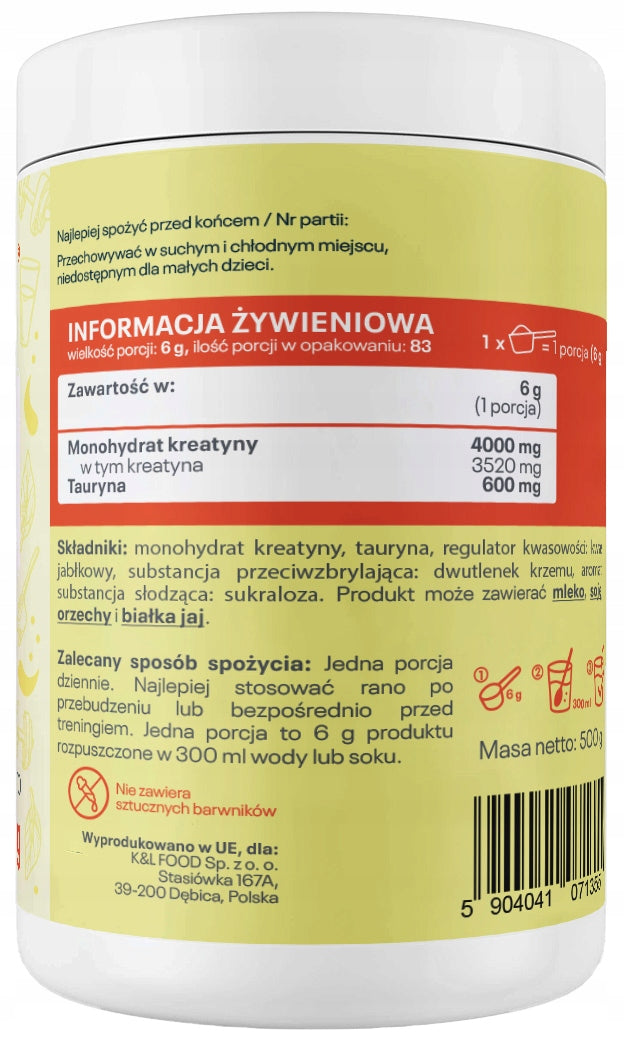 CREATINE LEMON MONOHYDRATE 500g Creatine Pro + Taurine Supplement Kol-Pol Manufacturer code Kreatyna Monohydrat Cytrynowa 500g Kol-Pol