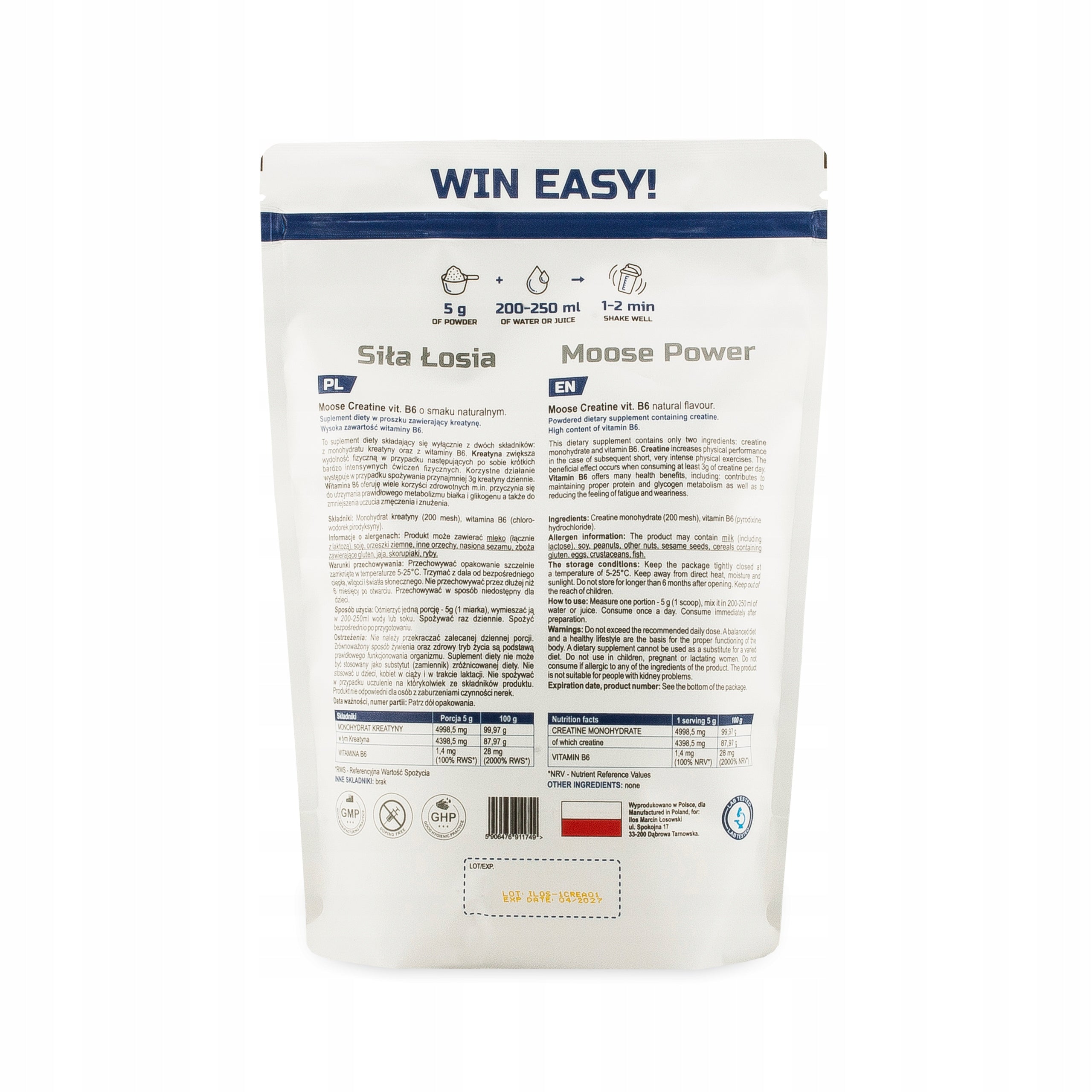 CREATINE MONOHYDRATE 1000g ilos ELK STRENGTH - natural taste pure 1kg Packaging status original