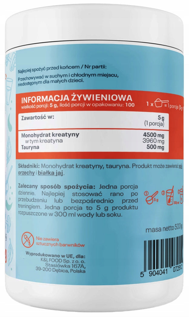 CREATINE MONOHYDRATE 500g Natural Creatine Pro + Taurine Supplement Kol-Pol Manufacturer code Kreatyna Monohydrat Naturalna 500g Kol-Pol