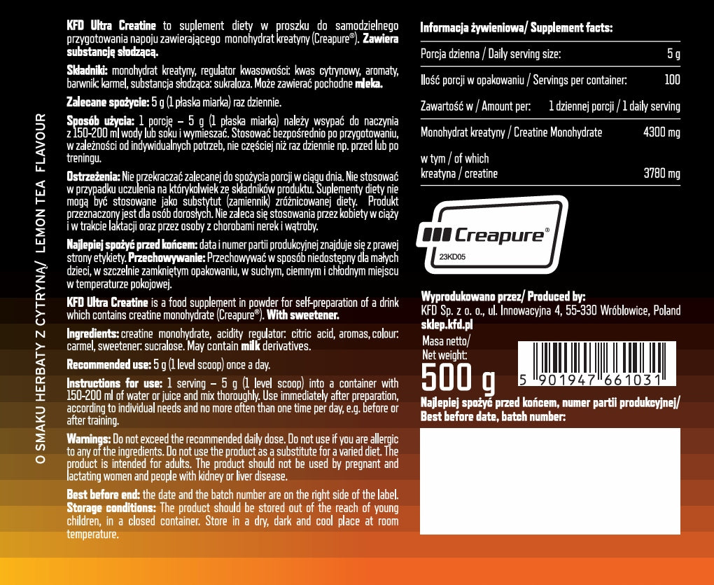 CREATINE MONOHYDRATE KFD ULTRA - CREAPURE - 500 G TASTE: TEA WITH LEMON Packaging status original