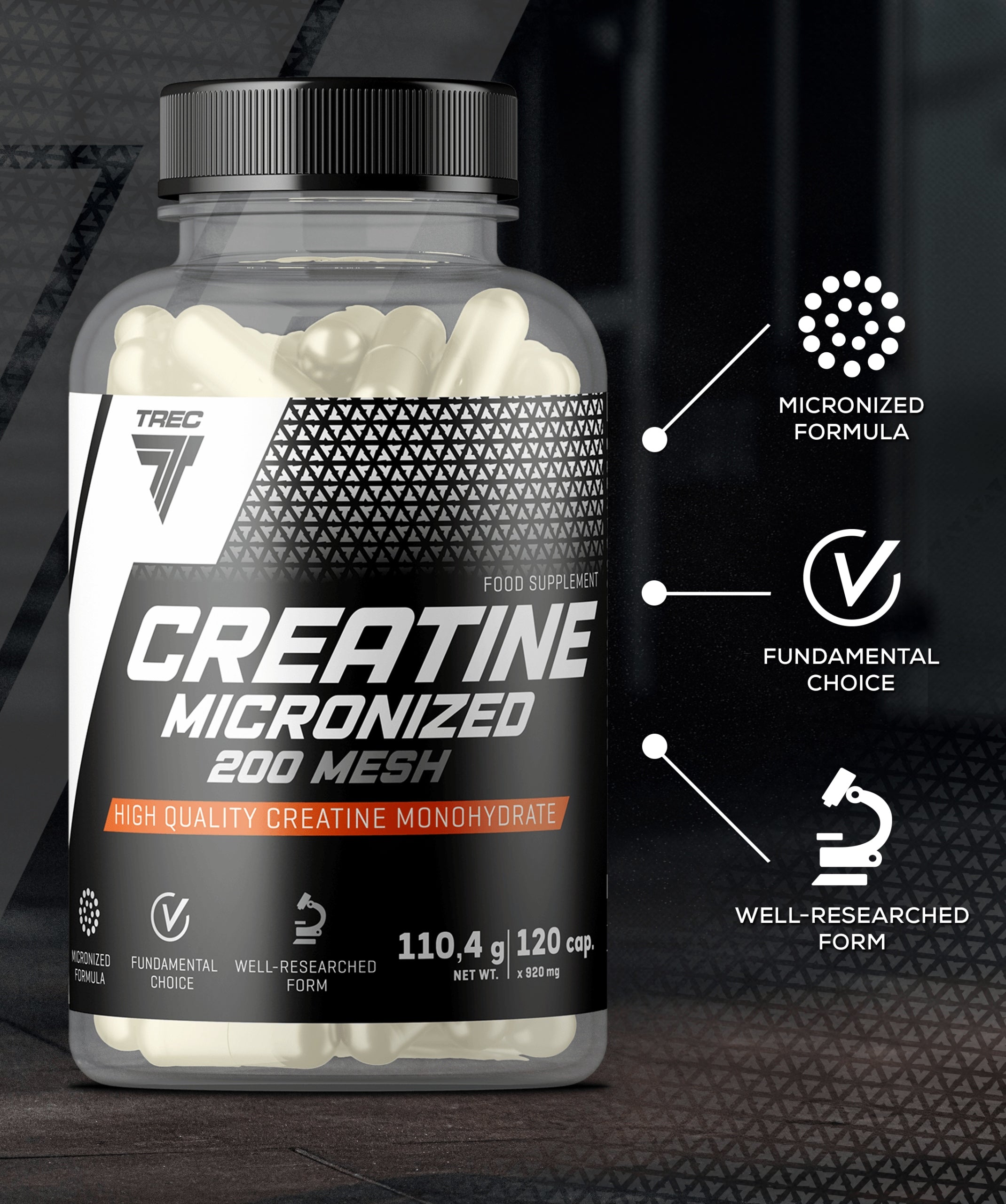 CREATINE MONOHYDRATE Trec Creatine Micronized 200 Mesh 120 MUSCLE Caps Manufacturer code kreatyna wzrost masy mięśniowej MESH