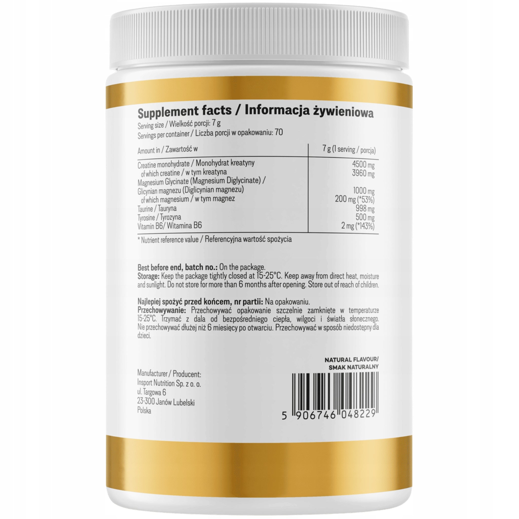 CREATINE + chelated MAGNESIUM + TAURINE + TYROSINE + B6 490g | INSPORT Expiration date at least six months from the date of purchase
