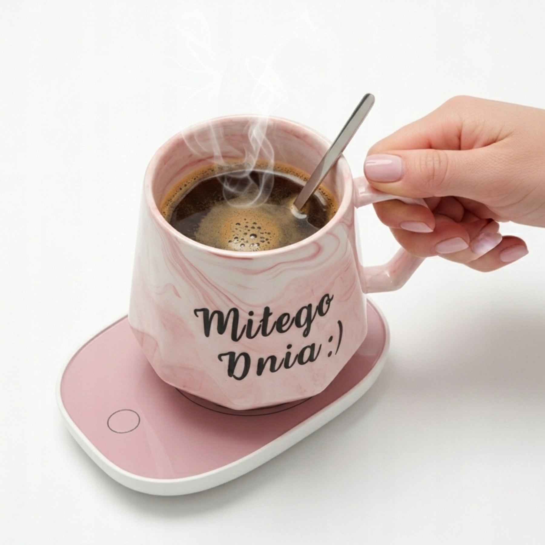 CUP WARMER Ceramic Mug TEA SET GIFT Model Podgrzewacz Kubek MIŁEGO DNIA Różowy