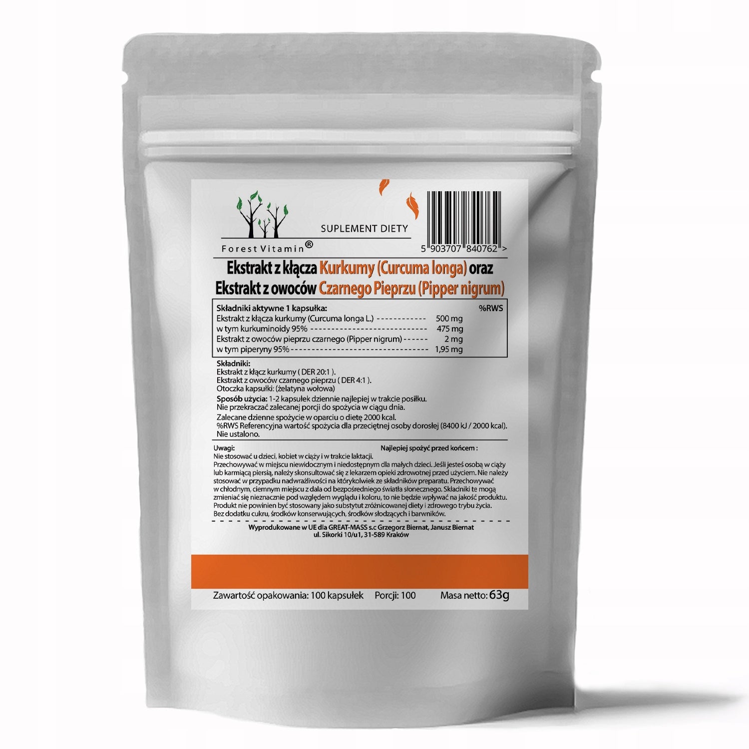 CURCUMIN+PIPERINE STRONG RESISTANCE 95% TURMERIC BLACK PEPPER Manufacturer code Kurkuma