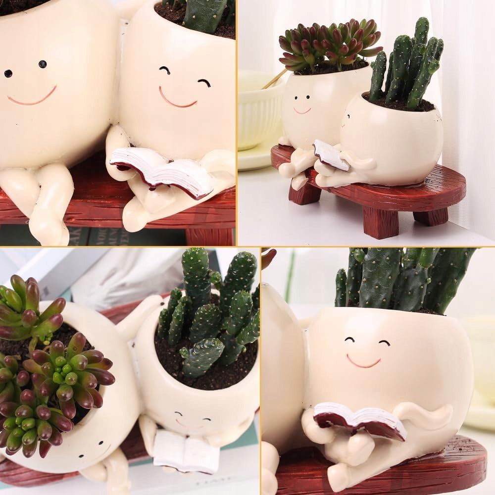 CUTE FLOWER POT WITH FACES WITH A SMILE ON THE BENCH POTS DECORATIONS Packaging status original