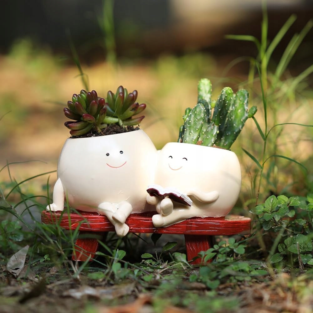 CUTE FLOWER POT WITH FACES WITH A SMILE ON THE BENCH POTS DECORATIONS Shape round