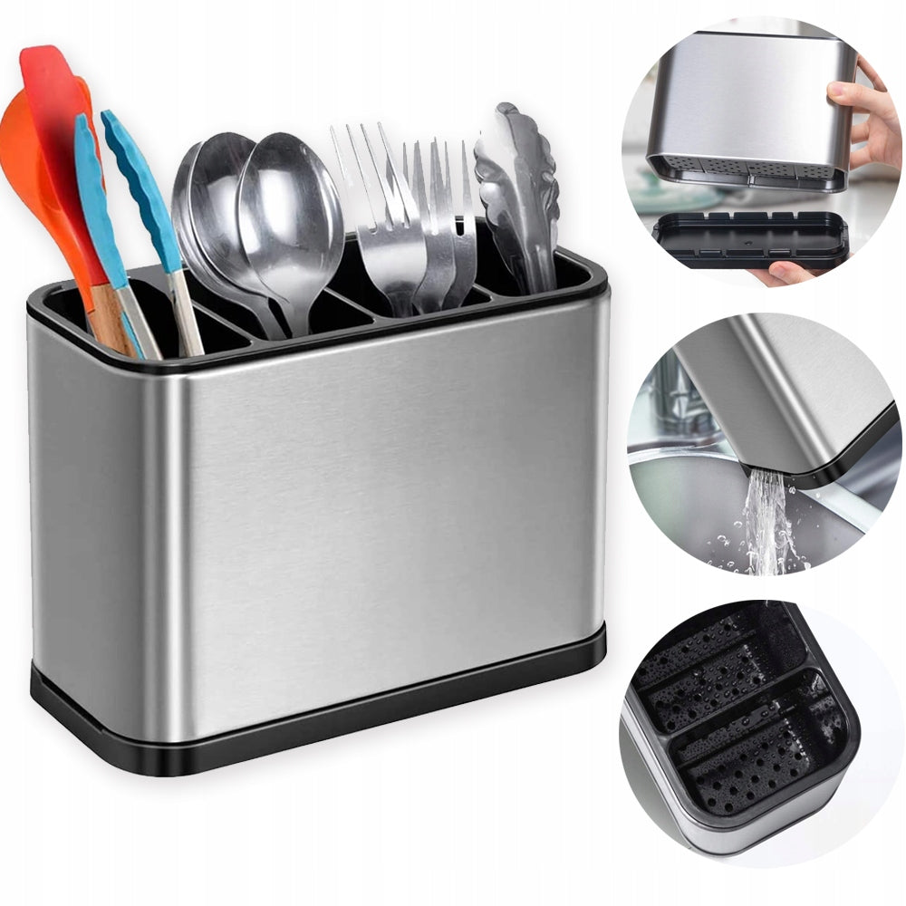 CUTLERY DRAINER UTENSILS DRYER CONTAINER ORGANIZER SILVER WITH DRAIN