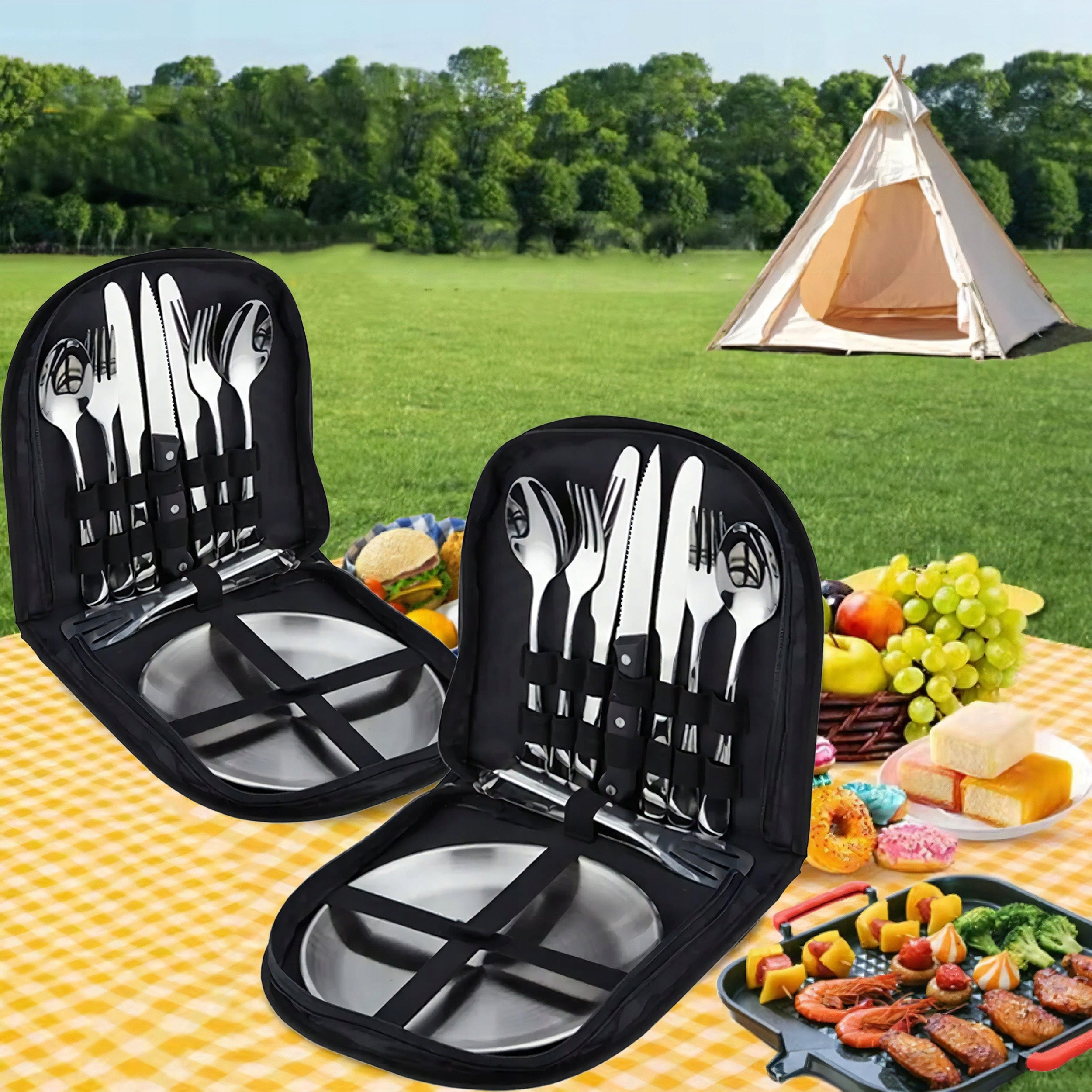 CUTLERY PLATES CAMPING SURVIVAL SET OF 4 PEOPLE 19EL XL Packaging status original