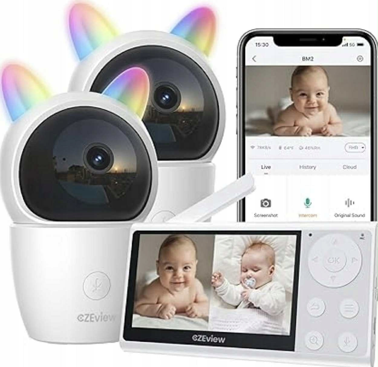 CZEview baby monitor – set of 2 cameras, white, Wi-Fi, 2K + monitor