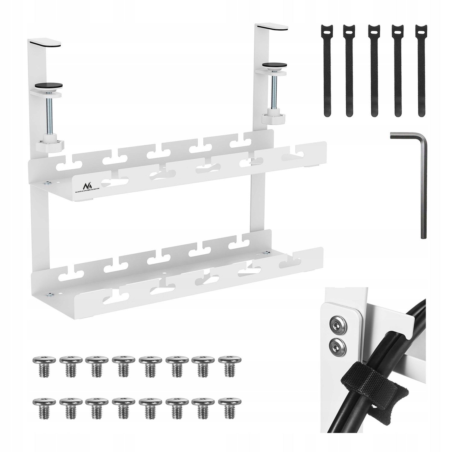 Cable organizer strip under desk 2 levels extendable white without drilling