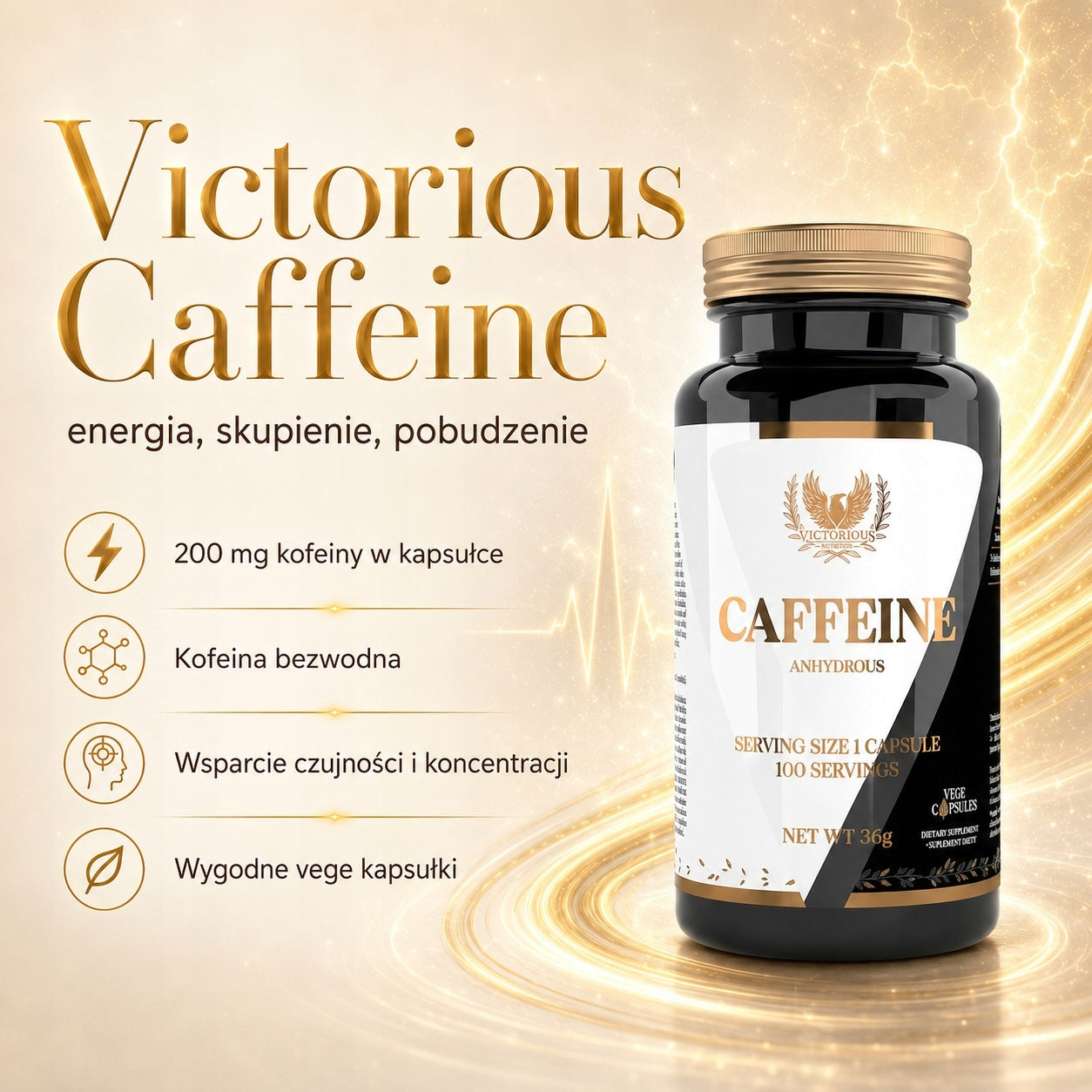 Caffeine 100 capsules 200mg Caffeine Stimulation Energy Focus Victorious Packaging status original