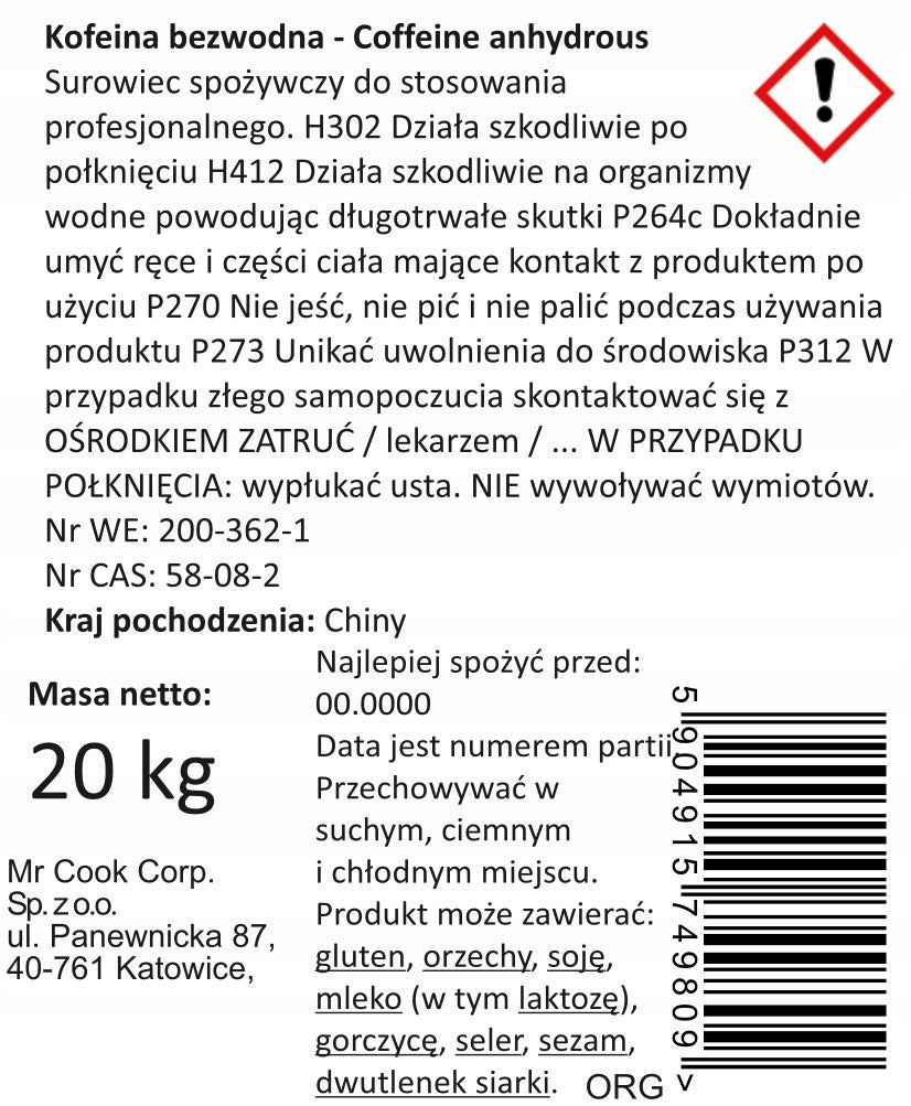 Caffeine Anhydrous 20kg Powder 100% Pure Brand Mr Cook