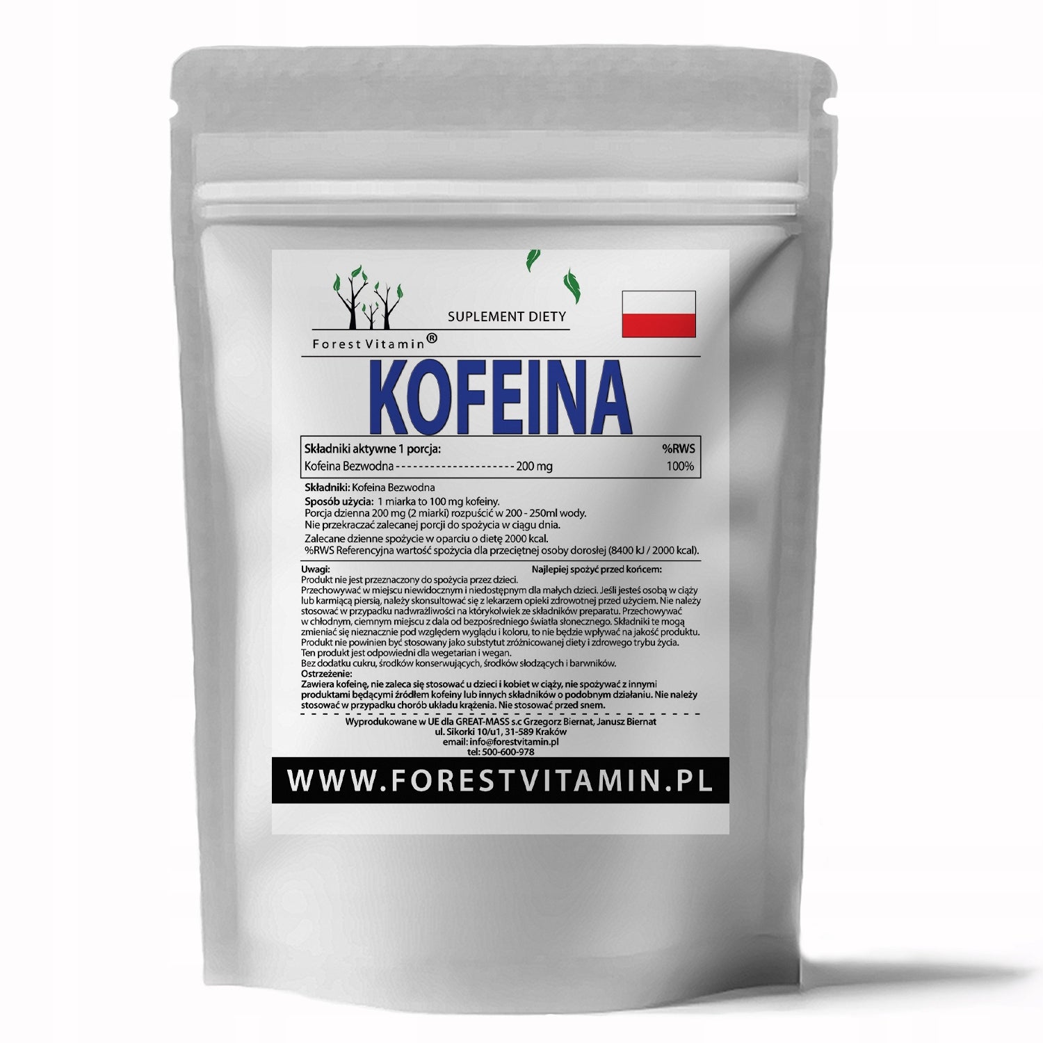 Caffeine anhydrous 100% Energy Training Forest Vitamin 500g 2500 servings x 2 Expiration date not specified