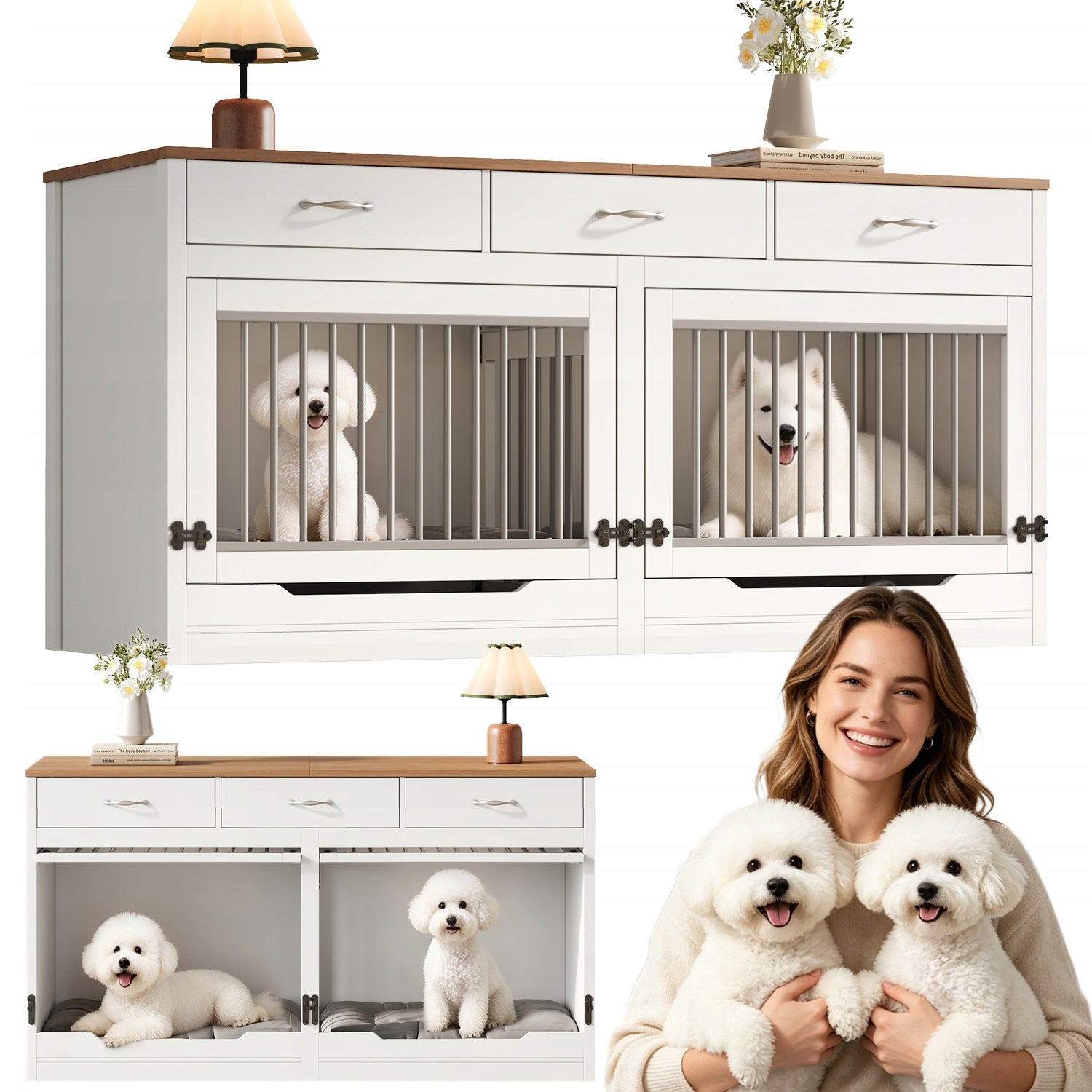 Cage for 2 dogs Cabinet 164×60×81 cm with lockable latch, 3 drawers