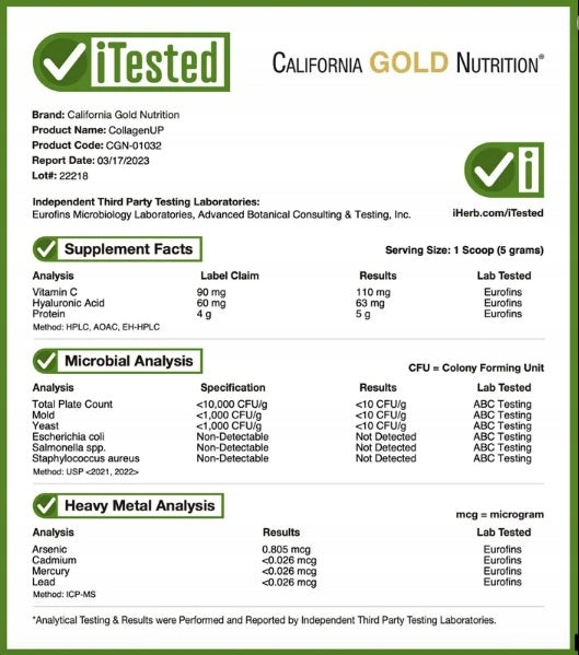 California Gold CollagenUP 464g Hydrolyzed Marine Collagen + Hyaluronic Acid. Expiration date at least 1 year from the date of purchase