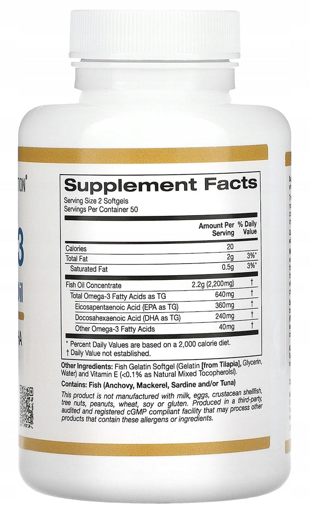California Gold Nutrition | Omega 3 Premium Fish Oil | 180mg EPA / 120mg DHA | 100 Softgels Packaging status original