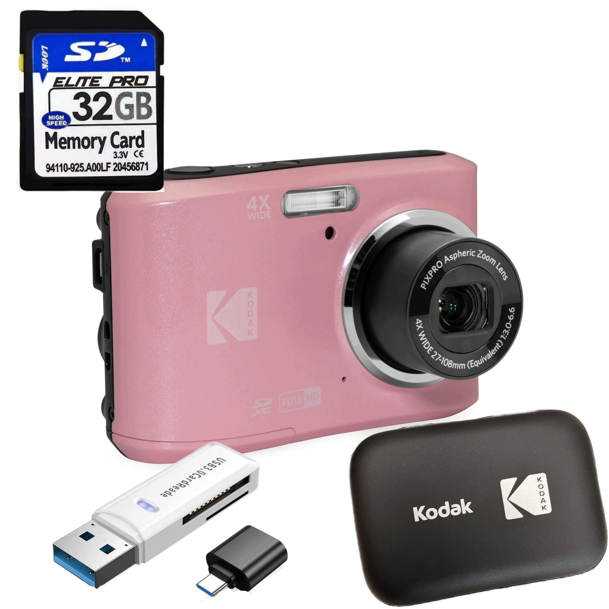 Camera Kodak Pixpro FZ55 pink, SD card 32GB, reader, camera bag