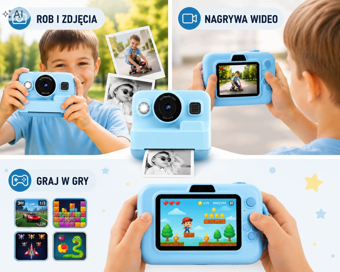 Camera for Kids with Printer Instant HD Printing Video Games USB 32GB SKY Packaging status original