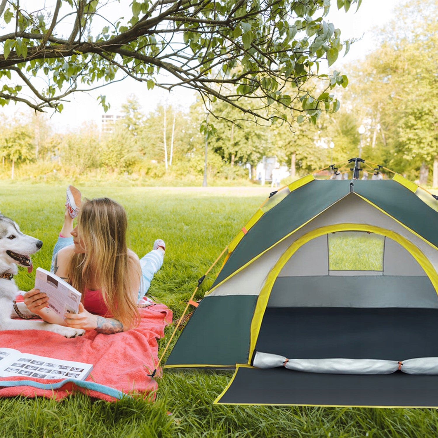 Camping Tent 3-4 Person Quick Installation UV50+ Waterproof Green Packaging status original