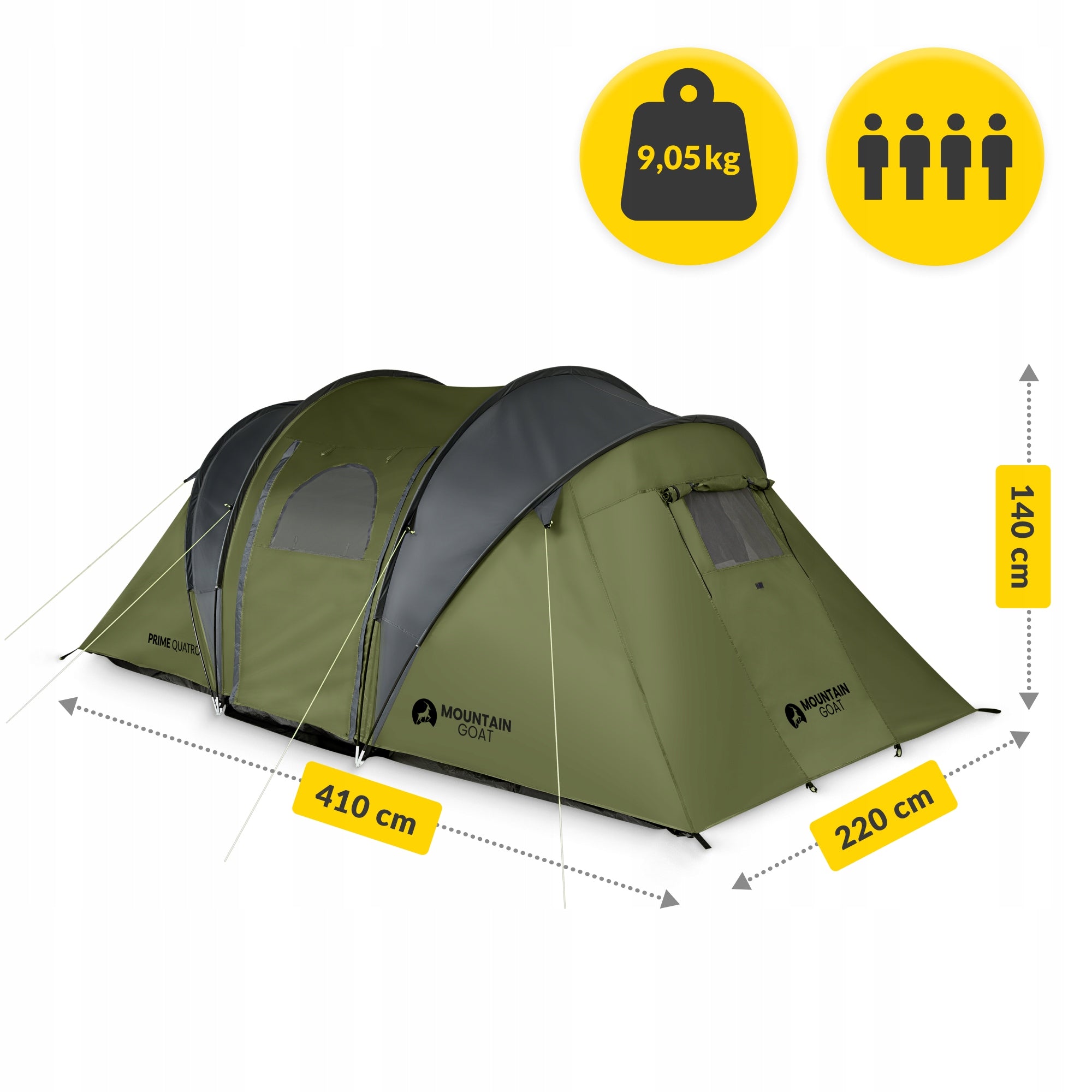 Camping Tent, 4 Person, 2 Bedrooms, MOUNTAIN GOAT Prime Manufacturer code Namiot turystyczny PRIME QUATRO khaki