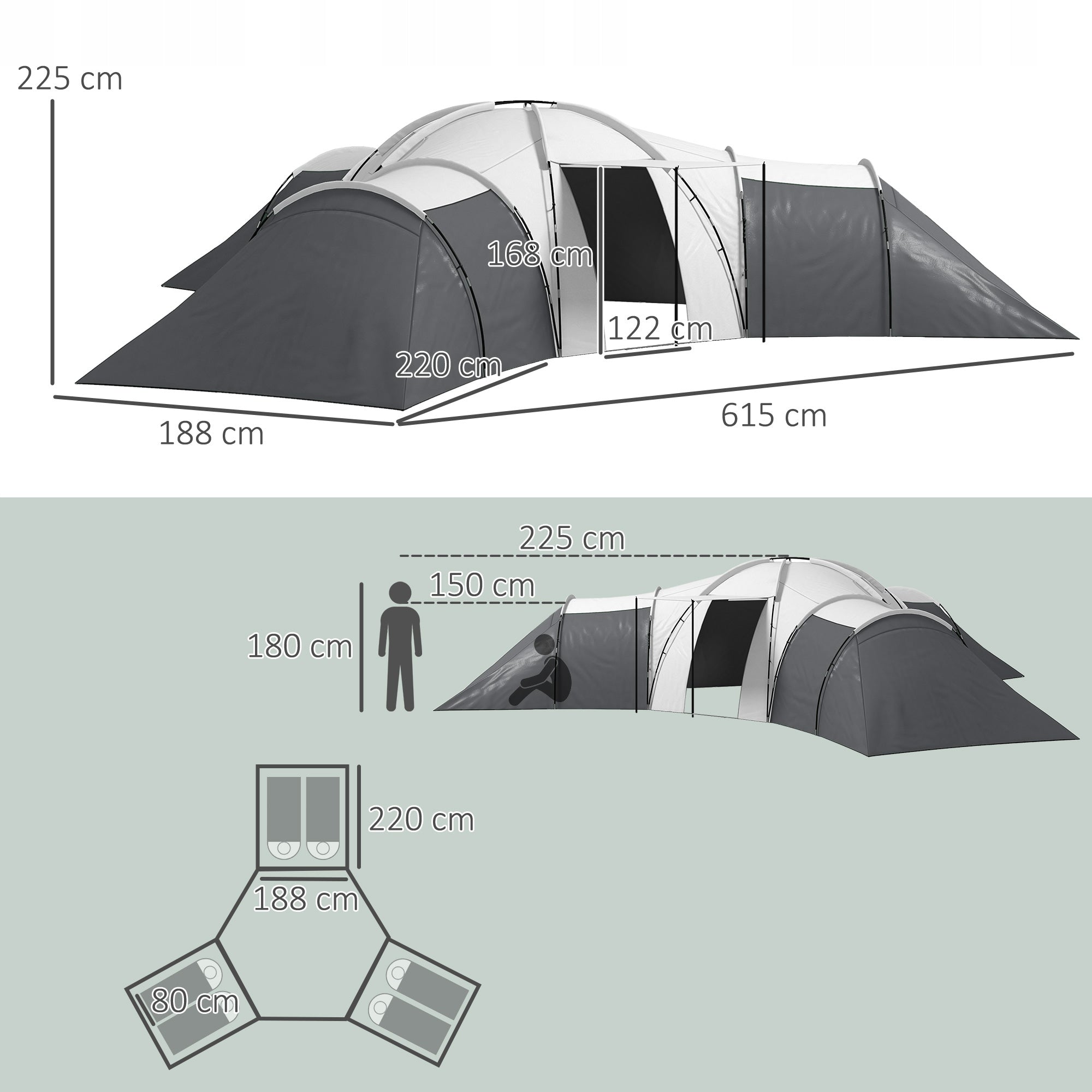 Camping Tent for 6-9 Persons, 4 Rooms, Hallway, Waterproof Kind family
