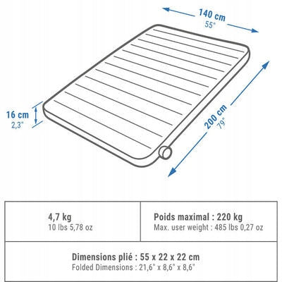 Camping mattress Quechua Air Comfort 140 cm 2-seater Color gray