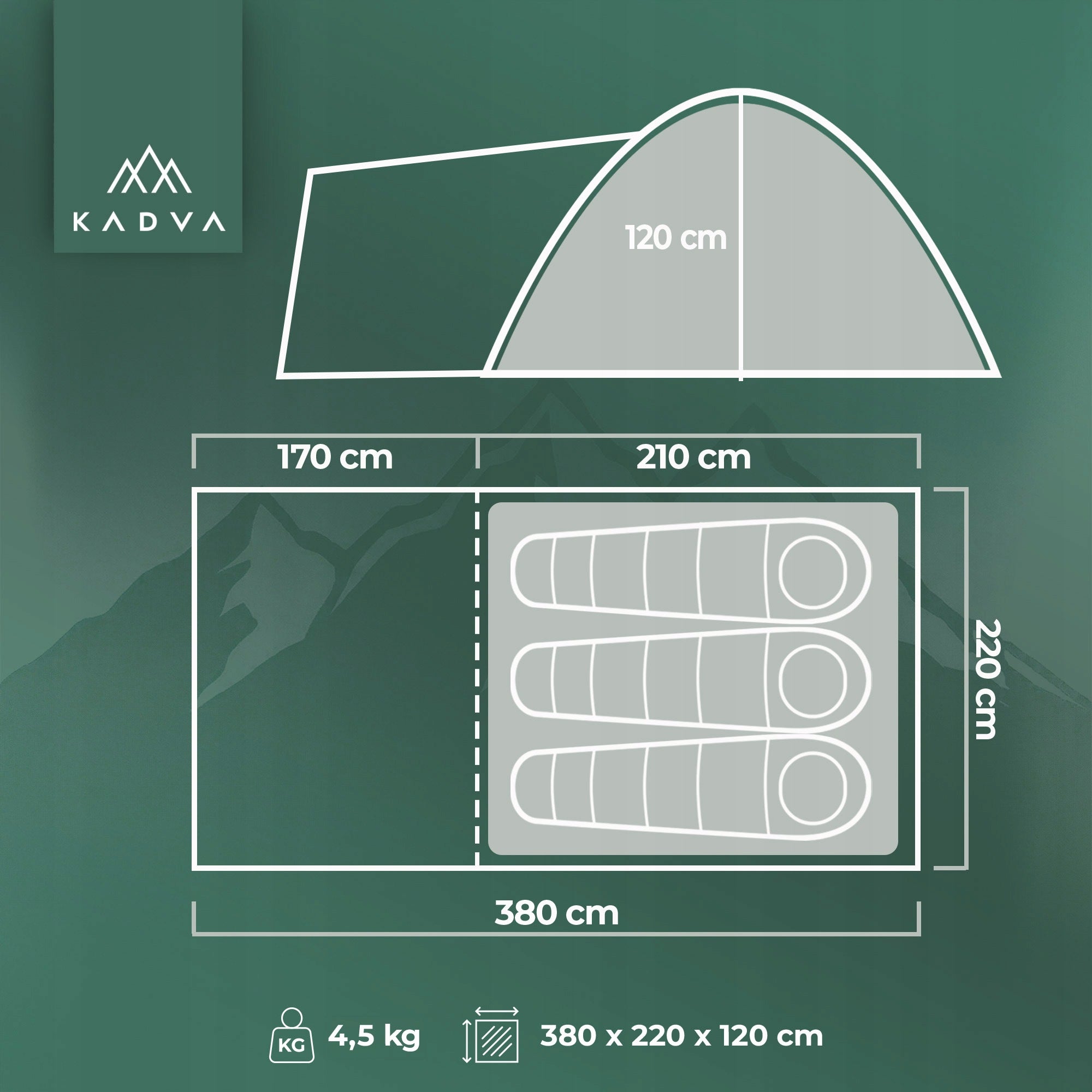 Camping tent 3-person KADVA Kavio 3 green TOURIST WATERPROOF Packaging status original