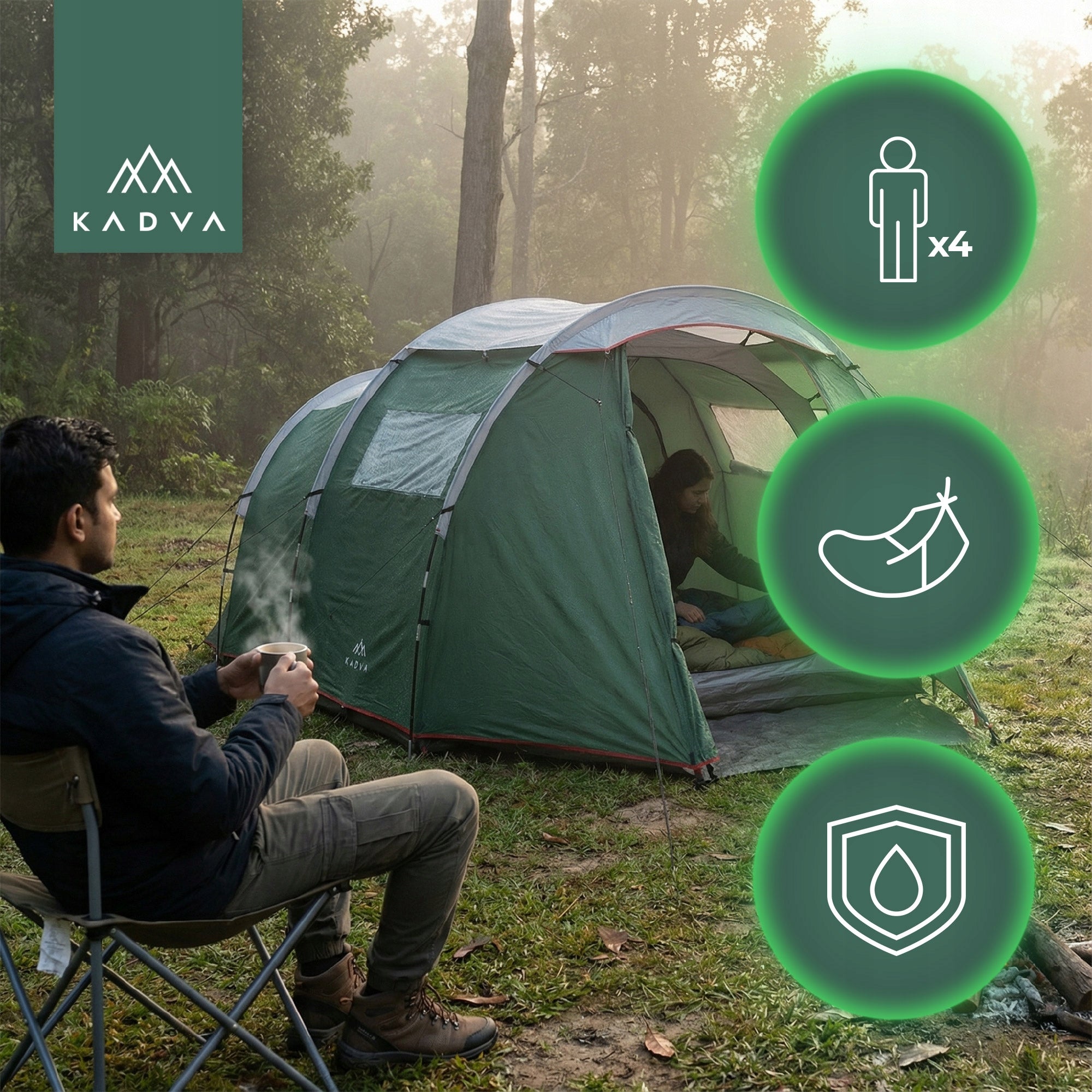 Camping tent 4-person KADVA Kavio 4.1 green OS LIGHTWEIGHT DESIGN Brand Kadva