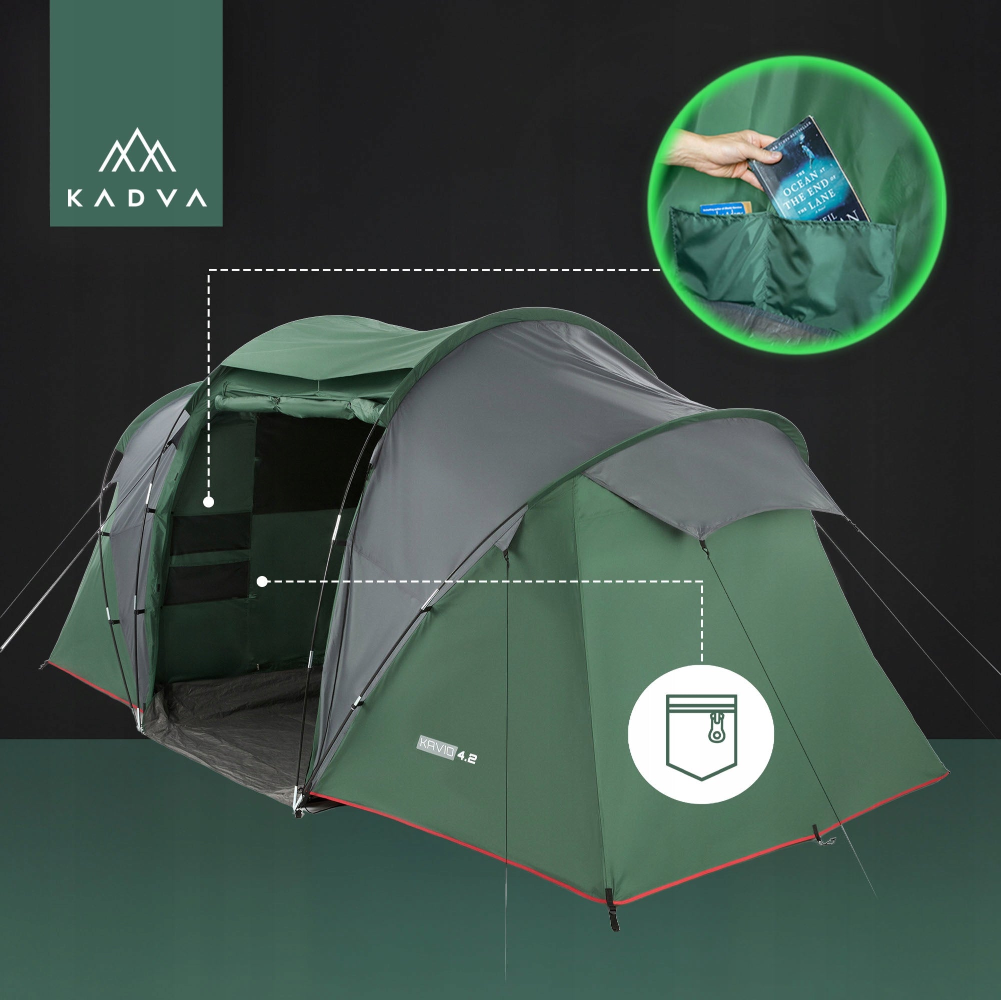 Camping tent 4-person KADVA Kavio 4.2 green HIKING LIGHTWEIGHT Waterproofness 2000 mm