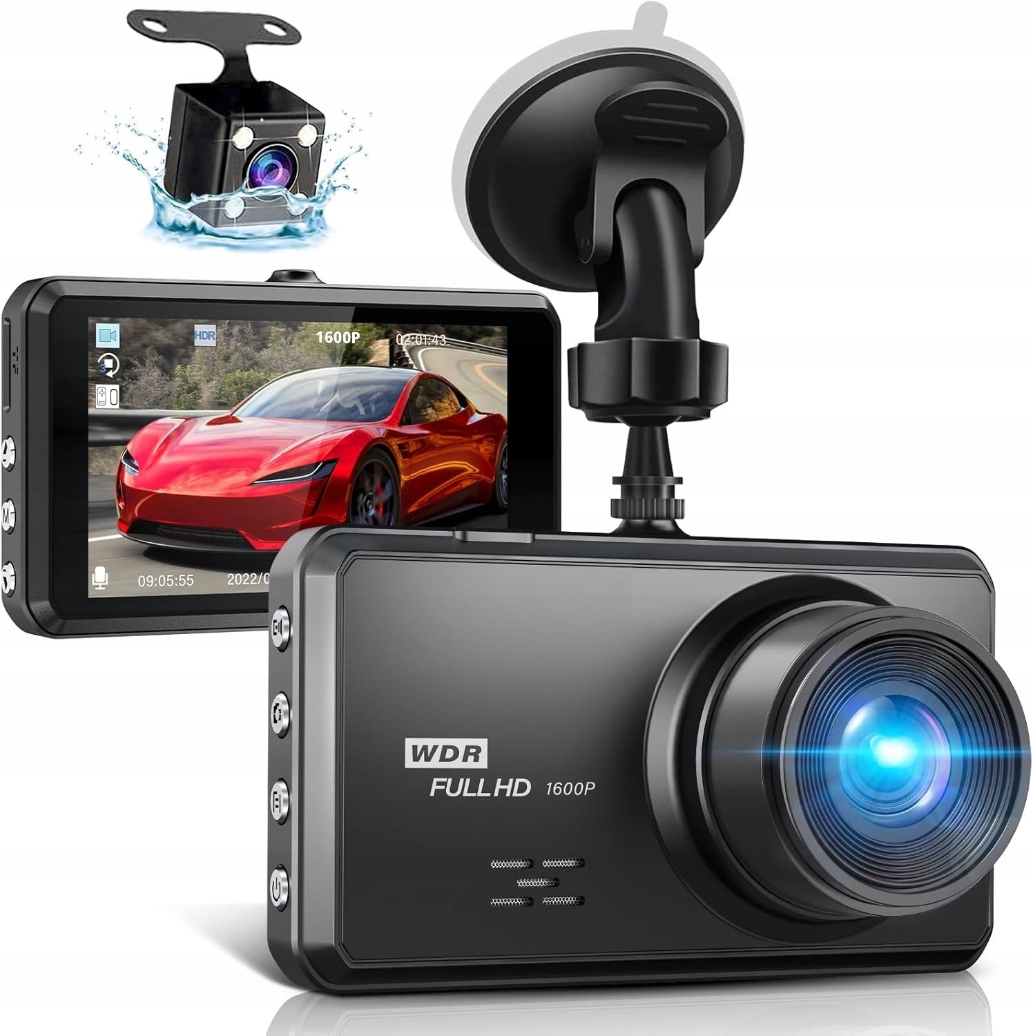 Car Camera 1600P+1080P FHD Wide Angle Video Recorder Front Rear