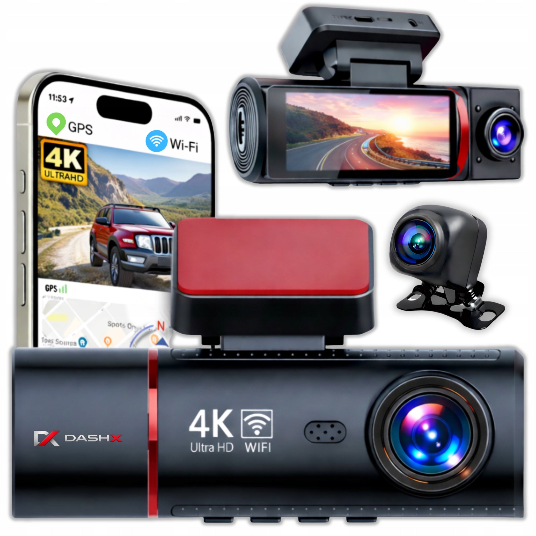 Car Camera Video Recorder 4K Front + Rear + Interior GPS Wi-Fi 3in1